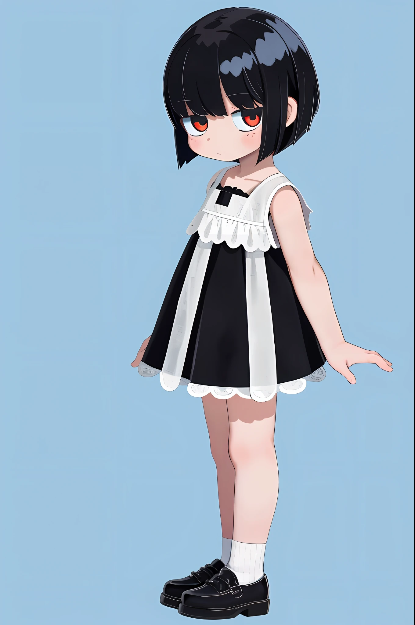 Blue background, simple background, full body, solo, (1 girl: 1.2), , black hair, short cut hair, white ceramic mini dress, red (pattern: 1.2)