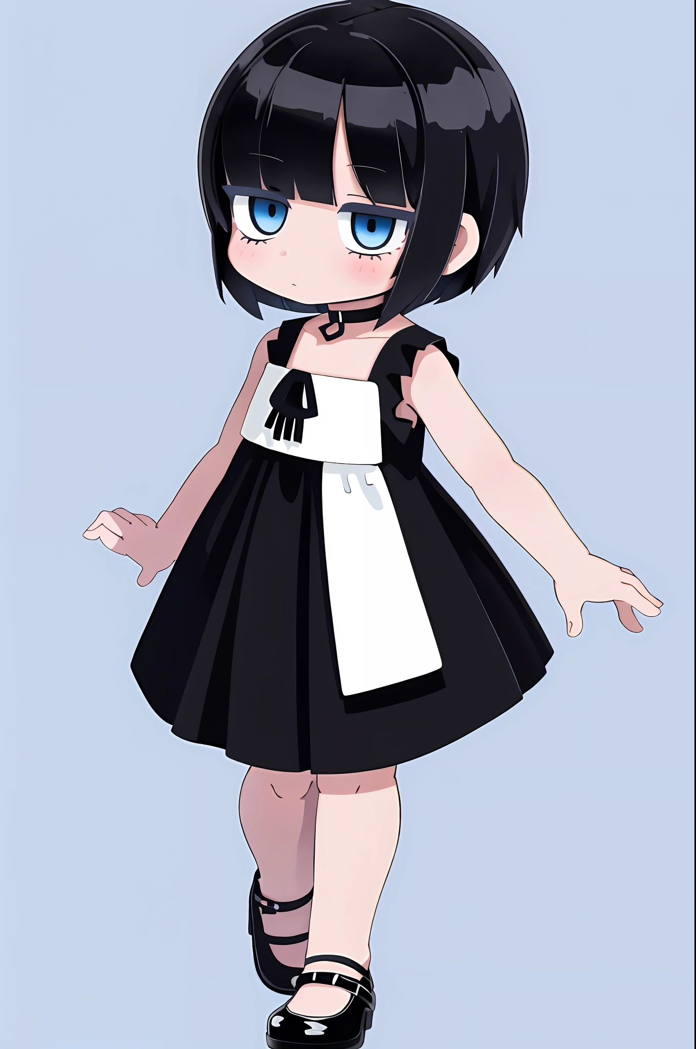 Blue background, simple background, full body, solo, (1 girl: 1.2), little girl, black hair, short cut hair, white ceramic mini dress, red (pattern: 1.2)