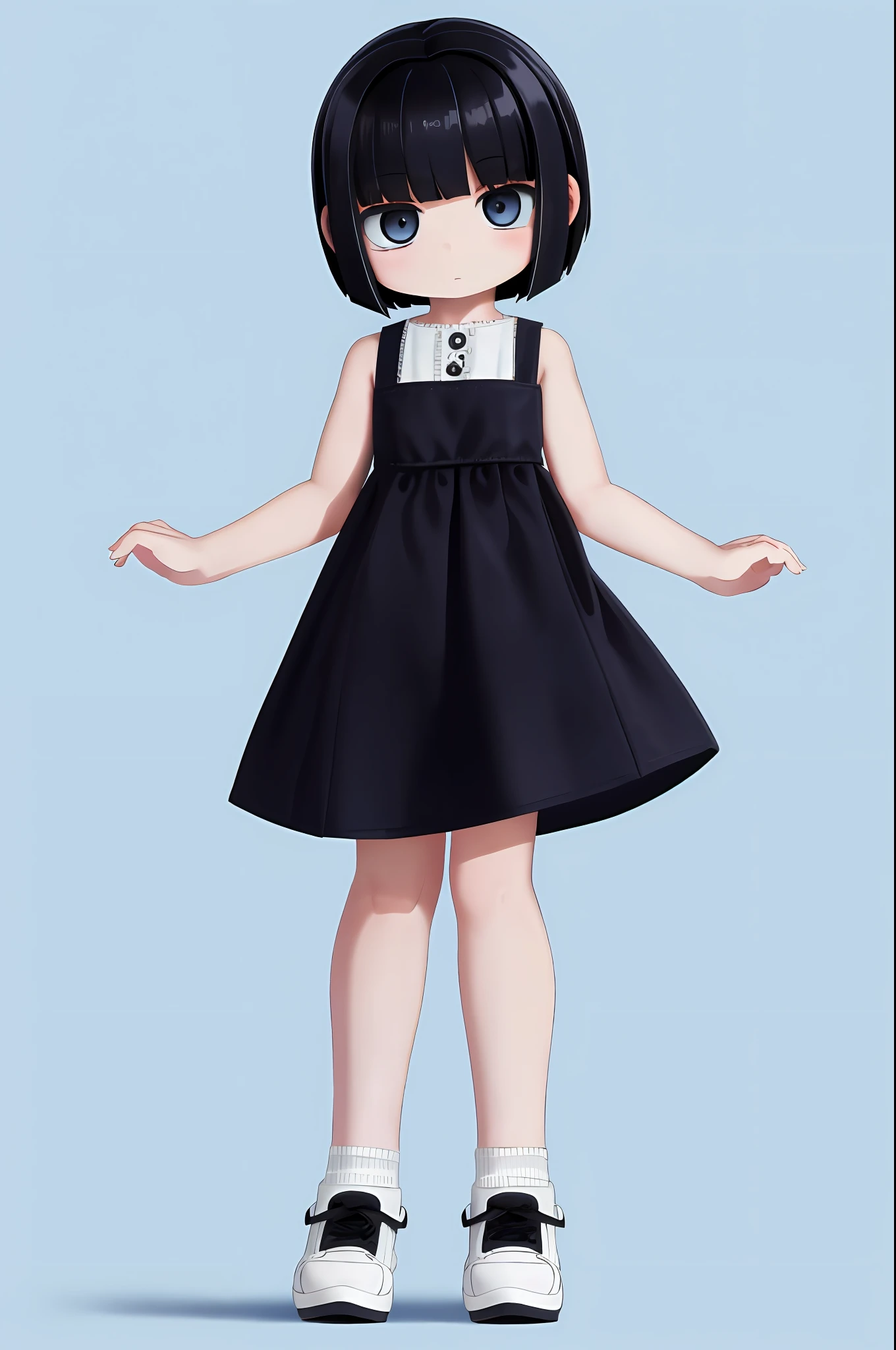 Blue background, simple background, full body, solo, (1 girl: 1.2), little girl, black hair, short cut hair, white ceramic mini dress, red (pattern: 1.2)