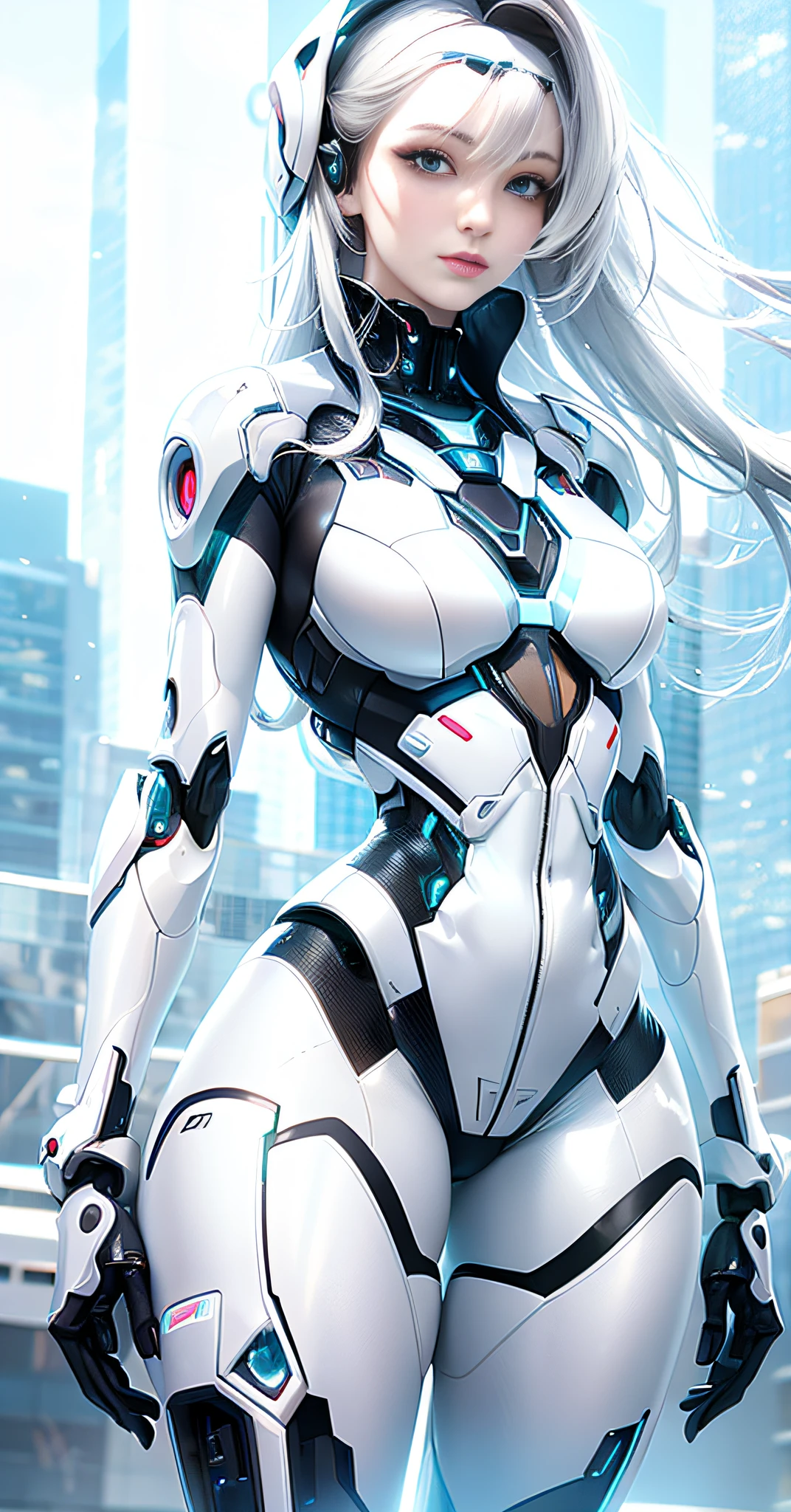 a close up of a woman in a futuristic suit posing, beutiful white girl cyborg, girl in mecha cyber armor, cybersuit, cyborg - girl, cybersuits, in white futuristic armor, gynoid cyborg body, perfect anime cyborg woman, cyborg girl, female cyborg, cyber suit, porcelain cyborg armor, diverse cybersuits, beutiful girl cyborg