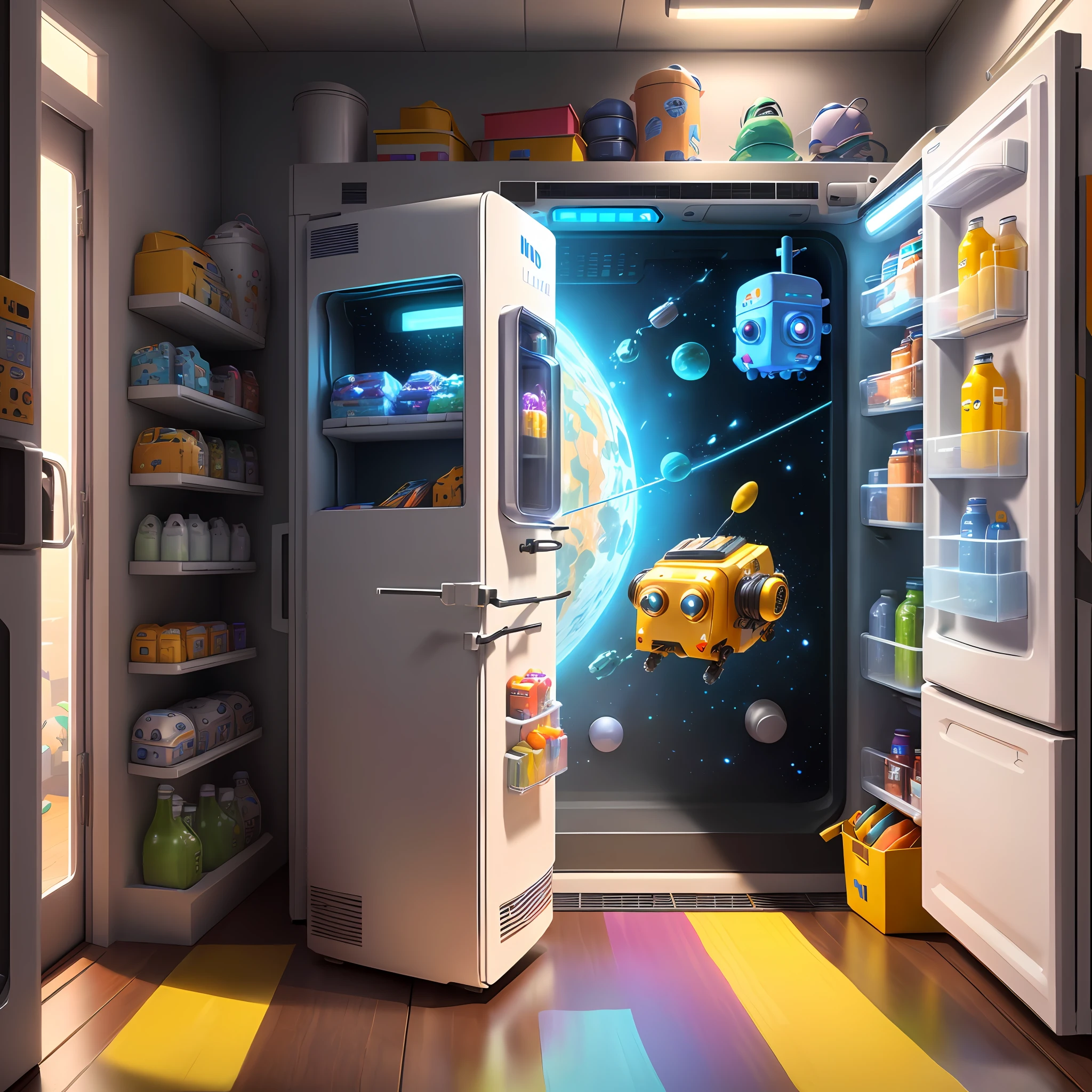 A refrigerator robot holding mechanical weapons in the background of a colorful universe. Pixar animation, funky blind box, OC rendering, ray tracing, high quality, high detail, high resolution, 8k