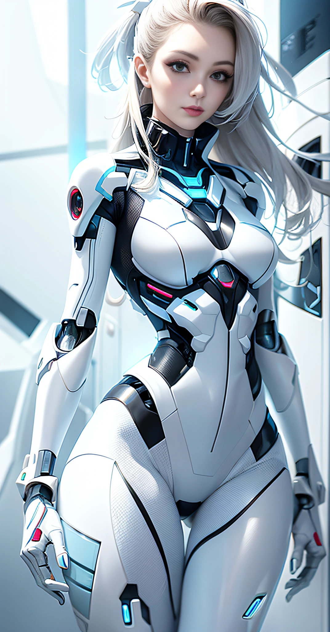 a close up of a woman in a futuristic suit posing, beutiful white girl cyborg, girl in mecha cyber armor, cybersuit, cyborg - girl, cybersuits, in white futuristic armor, gynoid cyborg body, perfect anime cyborg woman, cyborg girl, female cyborg, cyber suit, porcelain cyborg armor, diverse cybersuits, beutiful girl cyborg