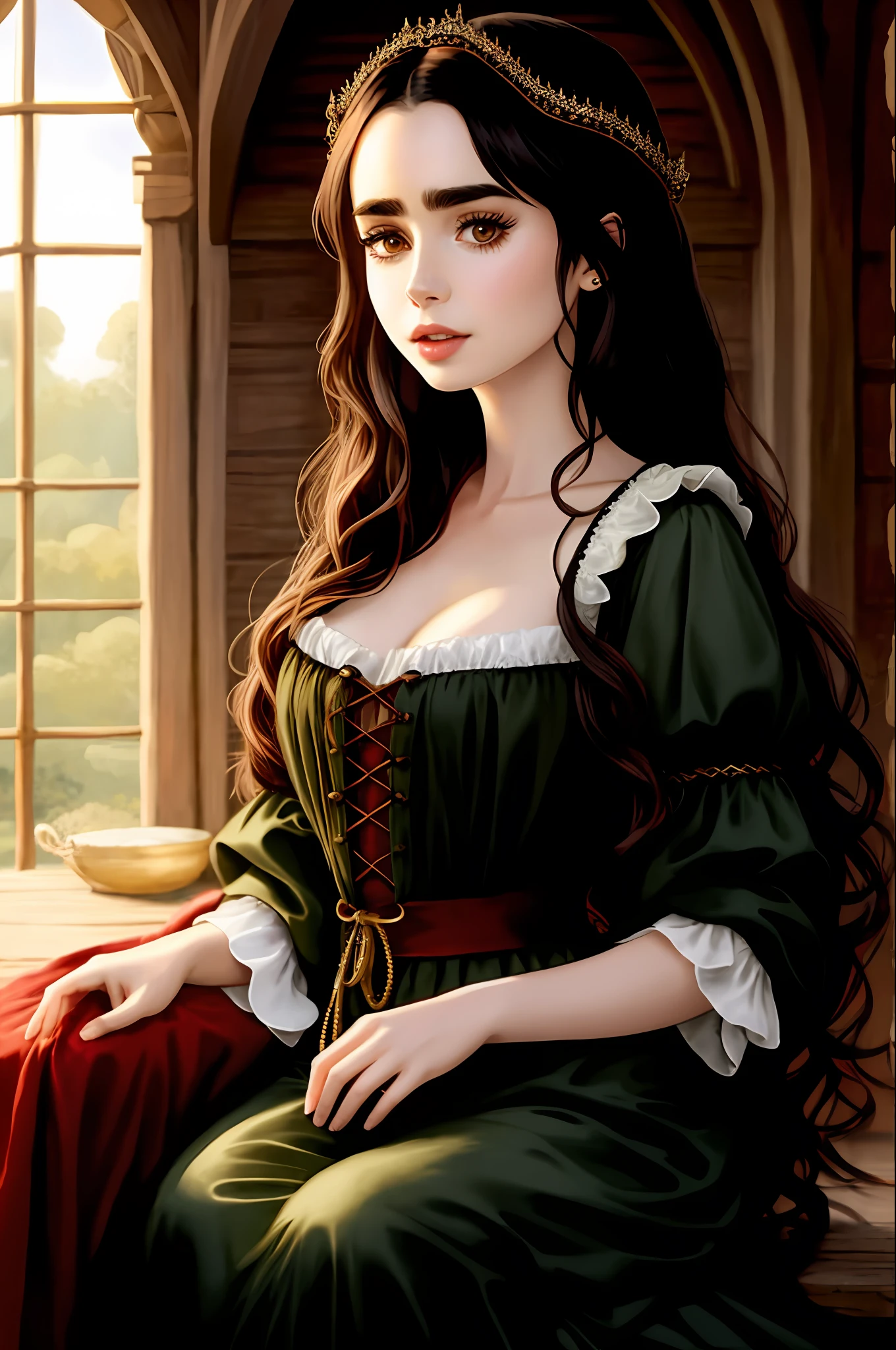 Lily Collins with long black curly hair in a medieval chemise, plebeian medieval clothes, the illustration is detailed, smooth and bright, HD art by Samyang