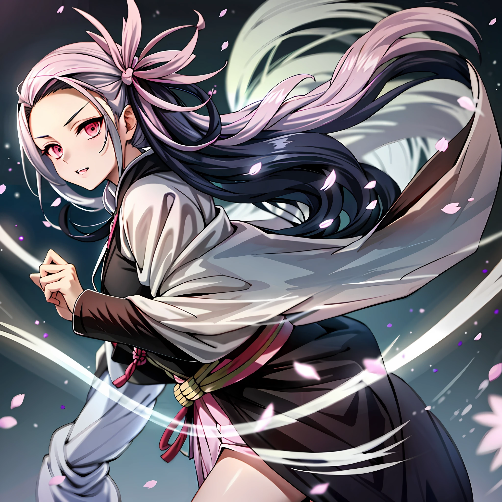 Anime girl with white and pink hair, holding a sword and wearing a black outfit with white belt and white cape with cherry blossom print, Demon Slayer Rui fanart, Demon Slayer Artstyle, Deity of white hair, detailed fanart, she is holding a Katana sword, Best Anime 4K Konachan Wallpaper, Cute Guy in Demon Slayer Art, Badass Anime 8 K, Fox Nobushi holding a Naginata