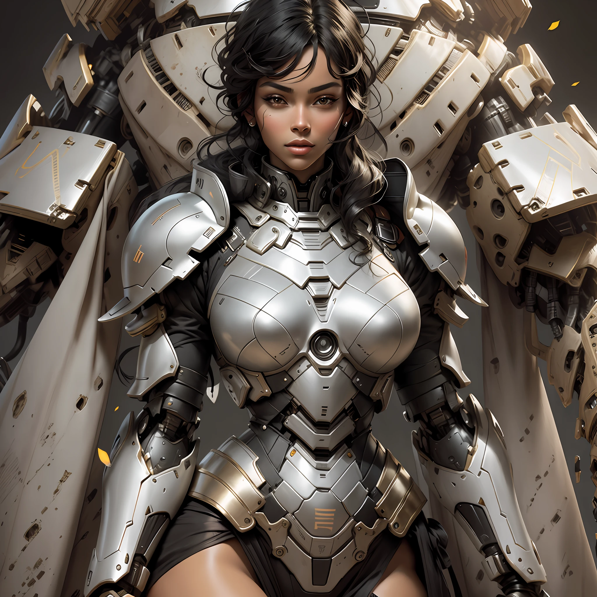 Beautiful tall woman with robotic armor with super realistic and well detailed black hair