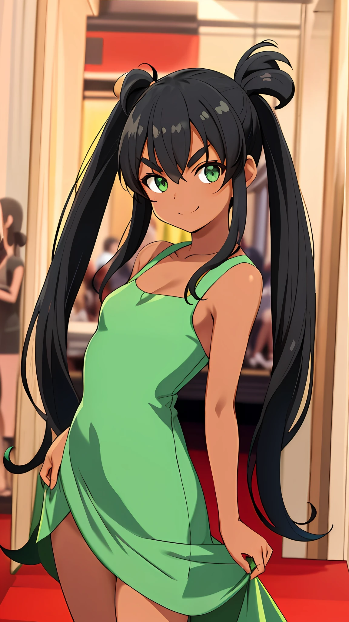 Girl, double ponytail, black hair, tanned skin, light green eyes, gala dress, sharp eyebrows, small breasts, standing, on a red carpet,twintails, anime, confident smile, photographers