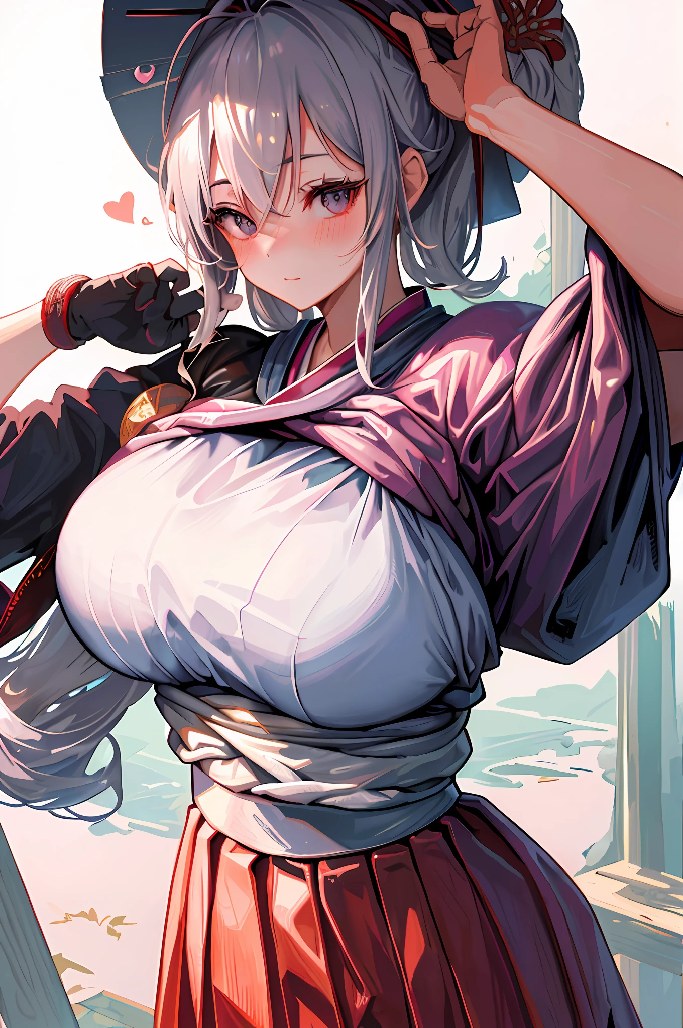 (((Masterpiece))), top quality, super detailed, blush, cute and playful, Japan samurai, knitting hat, katana, hakama, side breasts, silver hair, tearing breasts, fluffy hairstyle, elastic breasts, (((big breasts)), (((lifting breasts)), raised, showing aside, heart-emitting eyes, sweet look.