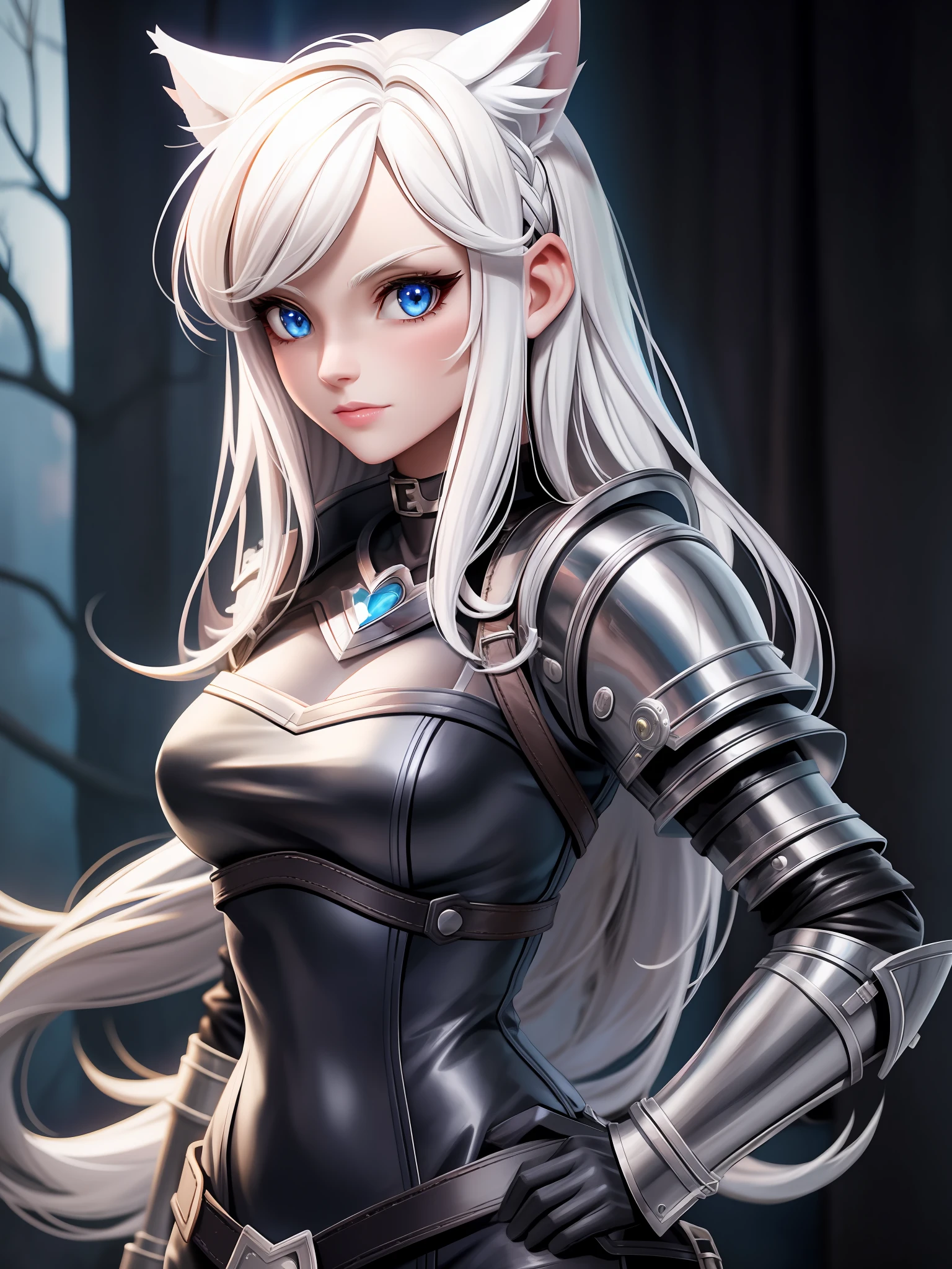 adult woman, bangs, maximum quality, white hair, blue eyes, cat ears, heart choker, gearing up for adventure, leather armour, RPG, Dungeons and Dragons, dark forest