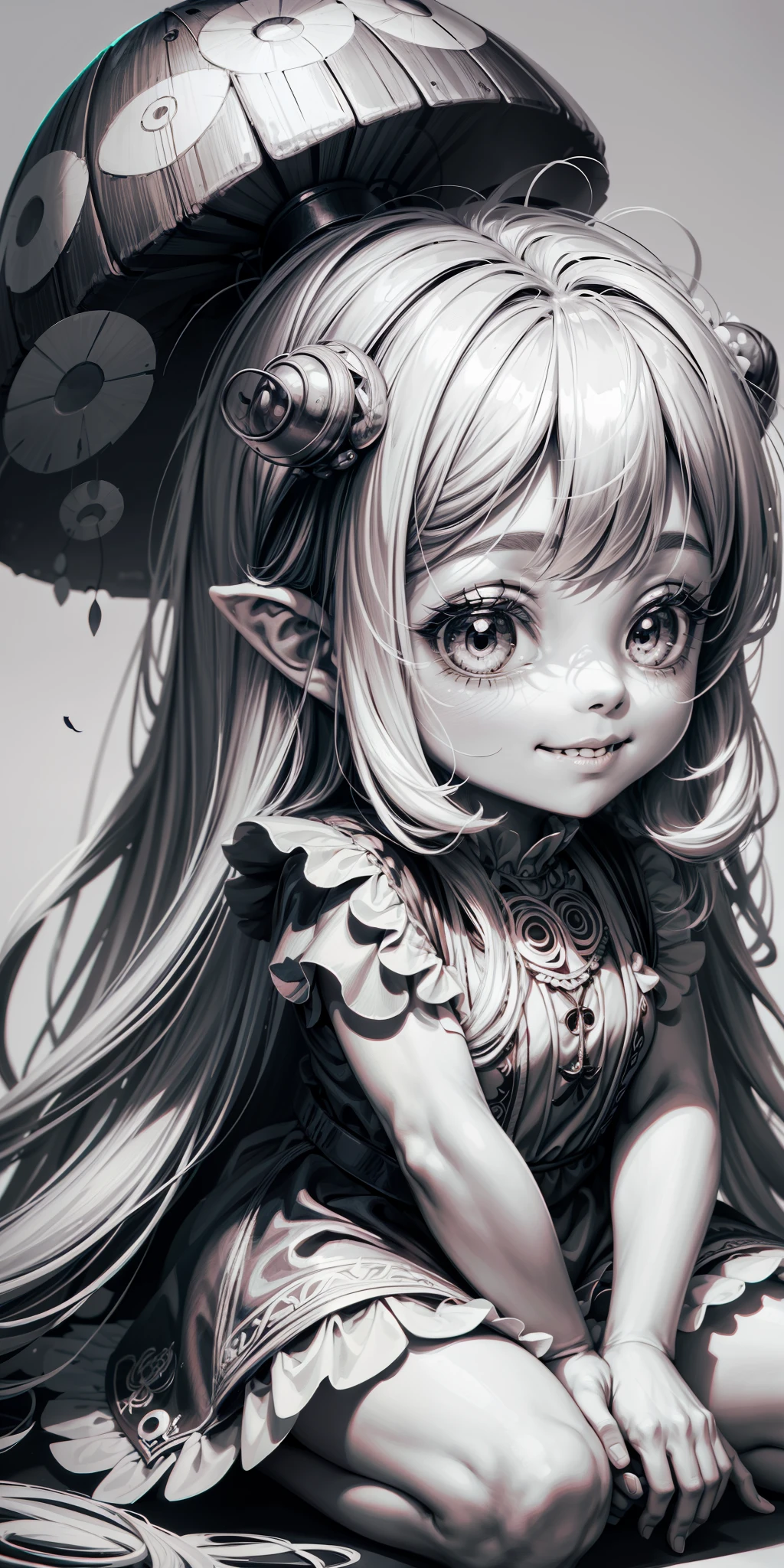 black and white coloring page a beautiful little girl fairy, little girl, smiling sitting on a big dotted mushroom brushing her long hair clipart on white background, only the lines in black on white background, for coloring, in drawing shape --auto --s2