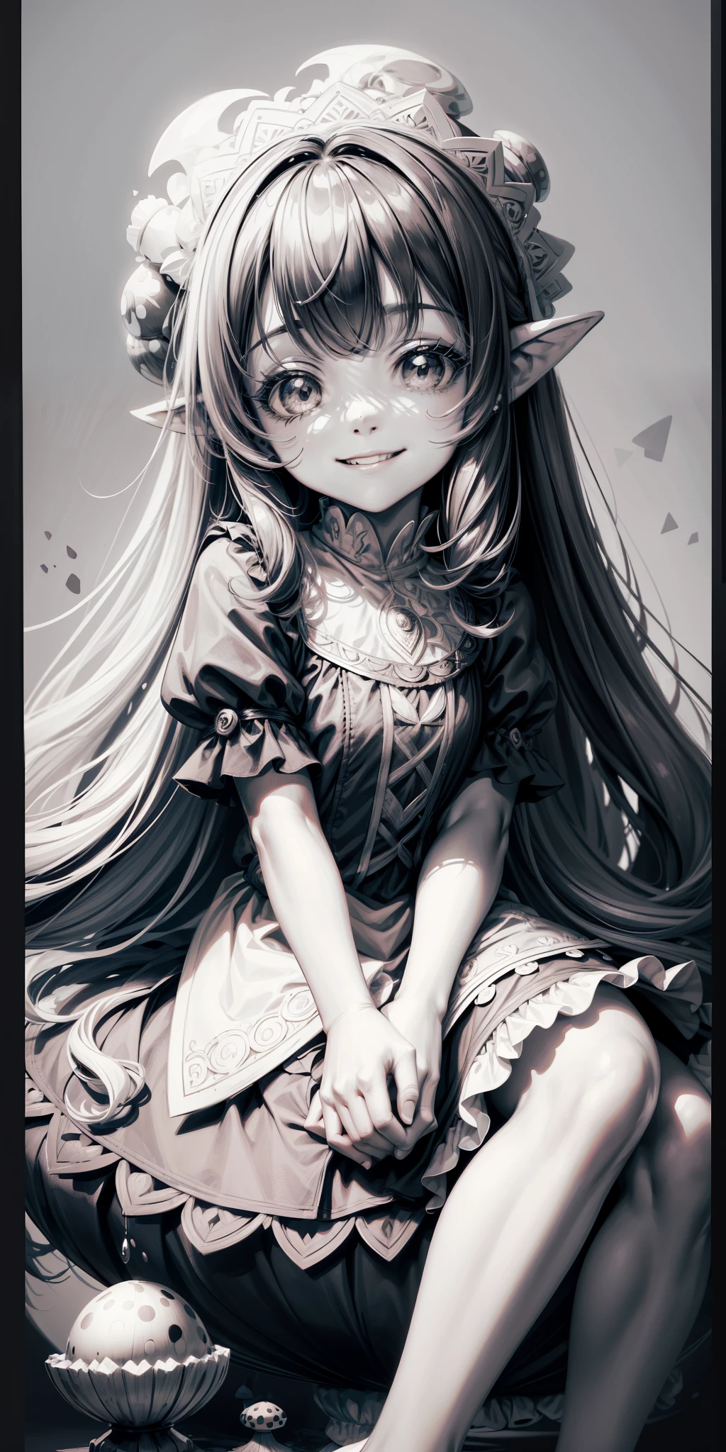 black and white coloring page a beautiful little girl fairy, little girl, smiling sitting on a big dotted mushroom brushing her long hair clipart on white background, only the lines in black on white background, for coloring, in drawing shape --auto --s2