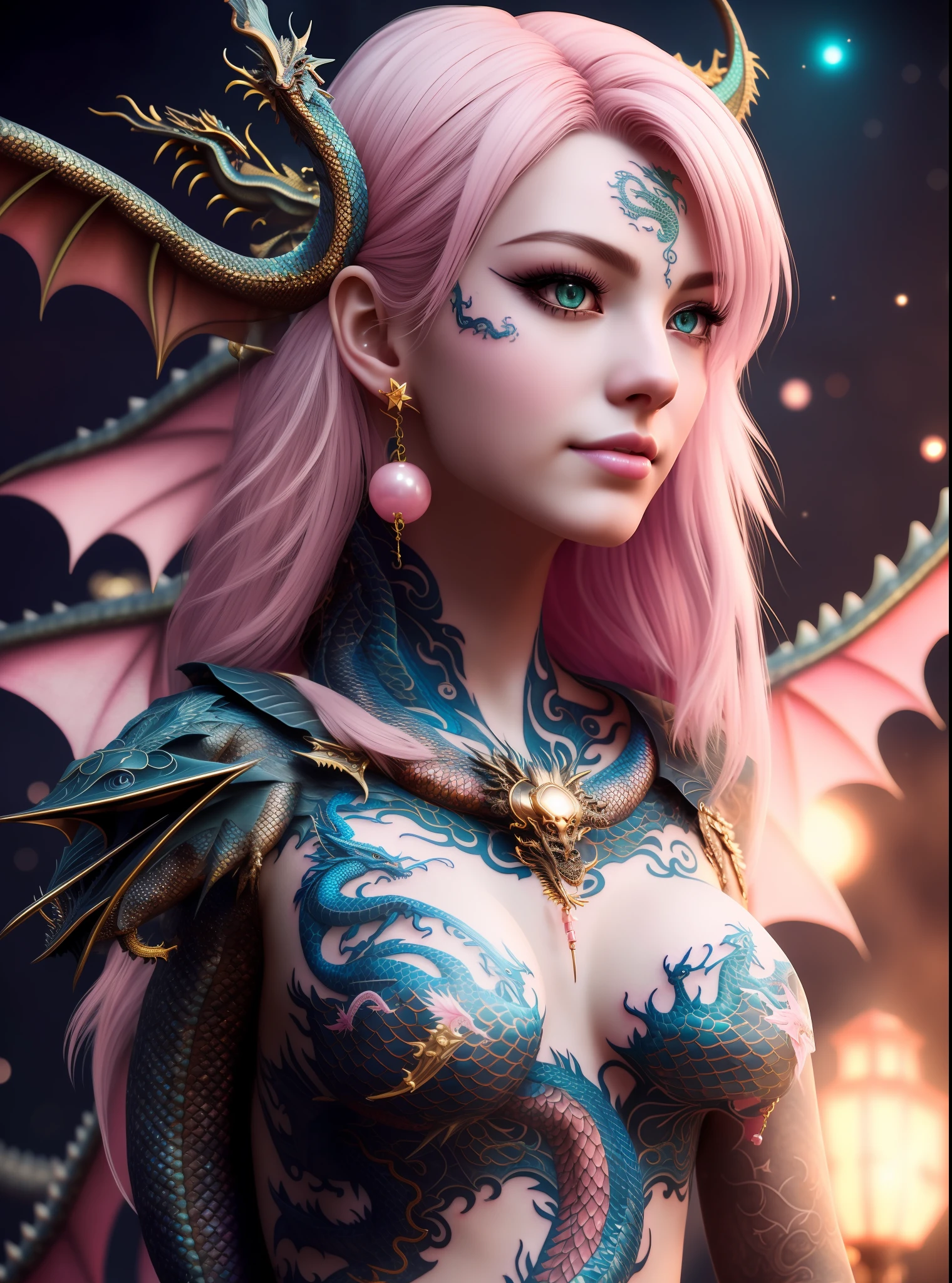 extremely detailed CG unity 8k wallpaper,masterpiece, best quality, ultra-detailed, beautiful detailed eyes:1.2,best illumination, (best shadow, an extremely delicate and beautiful, bloom),dragon_real, (1gril),solo,pink hair,(blue eyes:1.1),short hair,Bare shoulders,black dress,jewel,earrings,bare legs, (pink dragon:1.4),(tattoos and dragon),collarbone,lips,moon,gigantic hanging breasts,White silk stockings,lace,Anime face,2.5D,8k, Beautiful facial features,starry sky,Complex decoration,Black Armor,looking at viewer,Strong lighting,light and shadow texture,texture details,