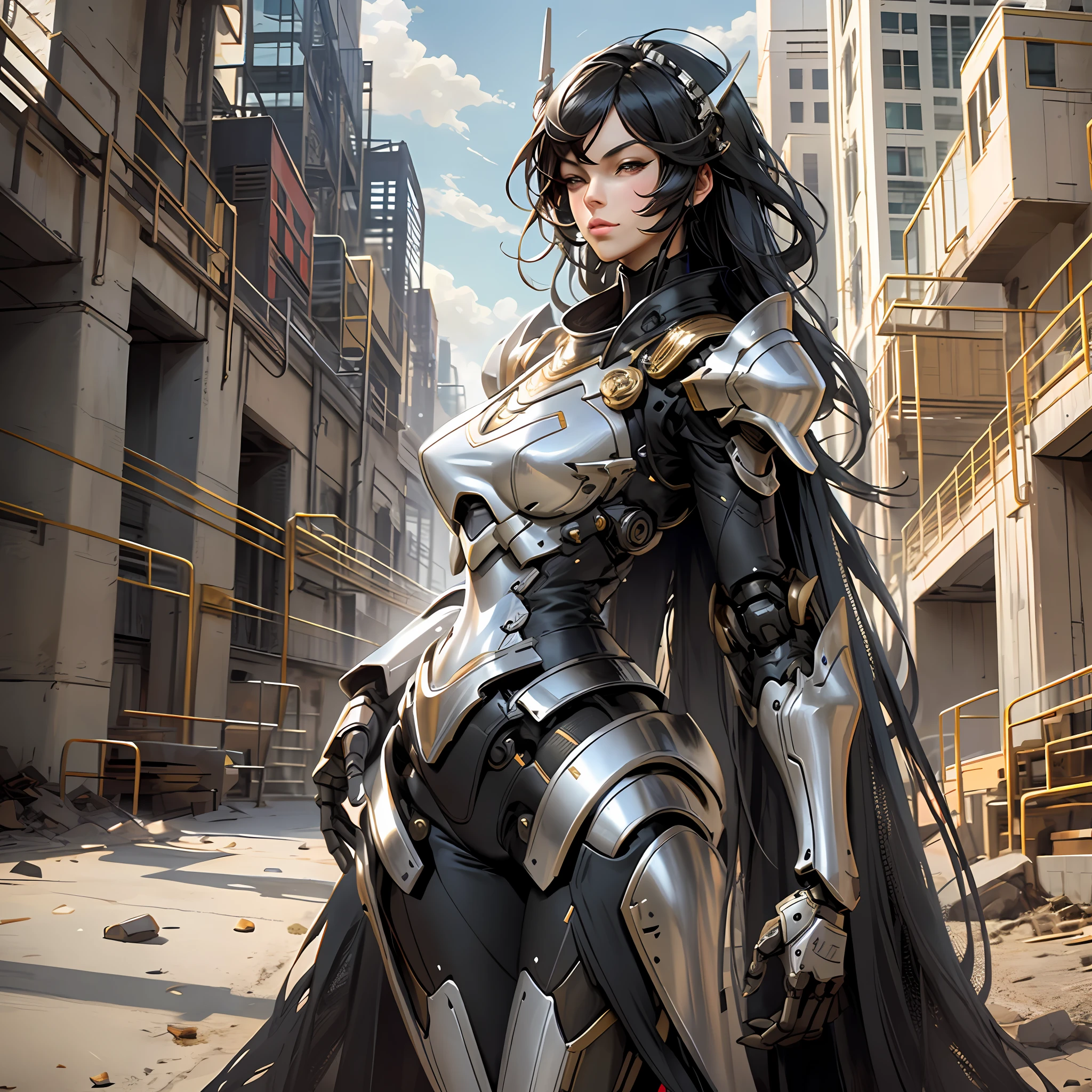 Beautiful tall woman with robotic armor with super realistic and well detailed black hair