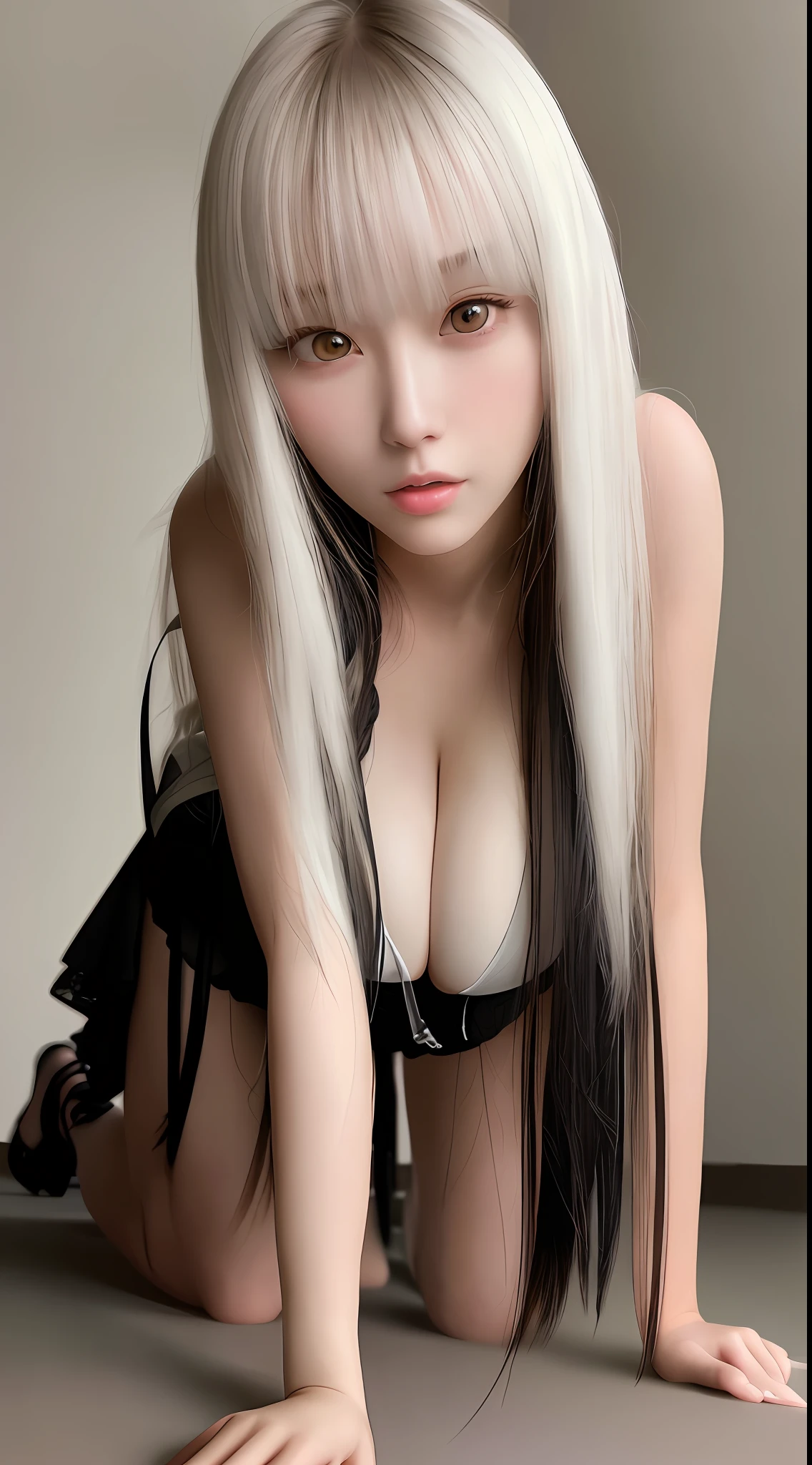 Best quality, super detail, masterpiece, fine detail, high resolution, portrait, 8k wallpaper, realistic details, clothing details, skin details, detailed eyes, photoshop \(medium\), slim body, 1 girl, Japan people, 30 years old, beautiful eyes, bare skin, well-formed face, bangs, blunt bangs, huge, (pleasant look), mouth open, close-up, white skin, long hair, black hair, bra, Bedroom, on all fours, hard breasts, cleavage visible