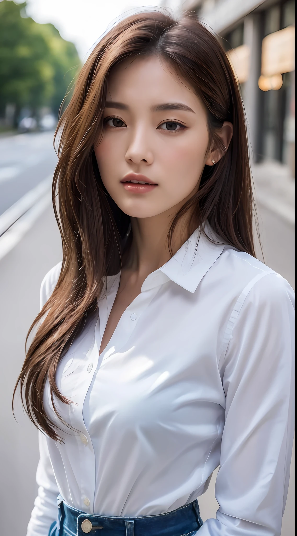 ((Top Quality, 8k, Masterpiece: 1.3)), Crisp Focus: 1.2, Beautiful Women in Perfect Style: 1.4, Slender Abs: 1.2, Dark Brown Hair, (White Button Up Long Shirt: 1.1), Street: 1.2, Highly Detailed Face and Skin Texture, Detailed Eyes, Double Eyelids