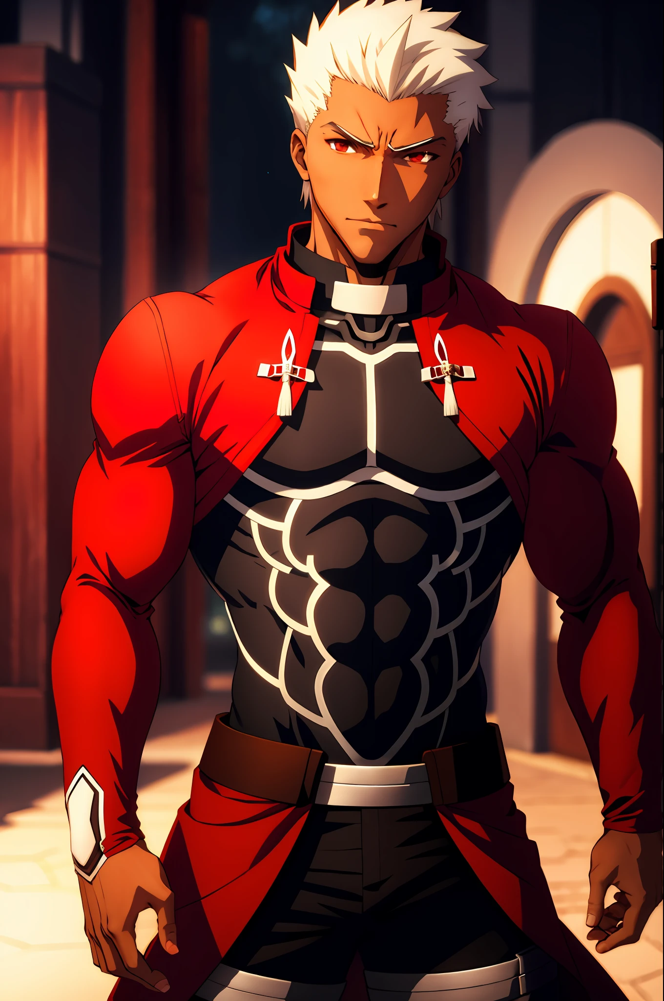 masterpiece, best quality, 1boy, solo, dark-skinned toned male, facing viewer, red eyes, ulra detailed, 8k, high res, (detailed manly face: 1.2), (anime: 1.3), fate unlimited blade works, award winning, anatomically correct, eye focus, (emiya /(archer/):1.2), (fate/unlimited blade works: 1.3), (anime style: 1.3), dark skin, fate anime style, red jacket, black shirt, covered abs, battlefield background, cinematic lighting, full body, heroic pose,