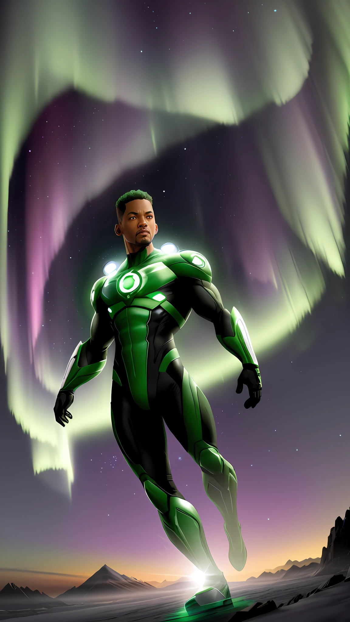 Will Smith Futuristic Green Lantern Realistic 4k aurora borealis scenario in ultra definition