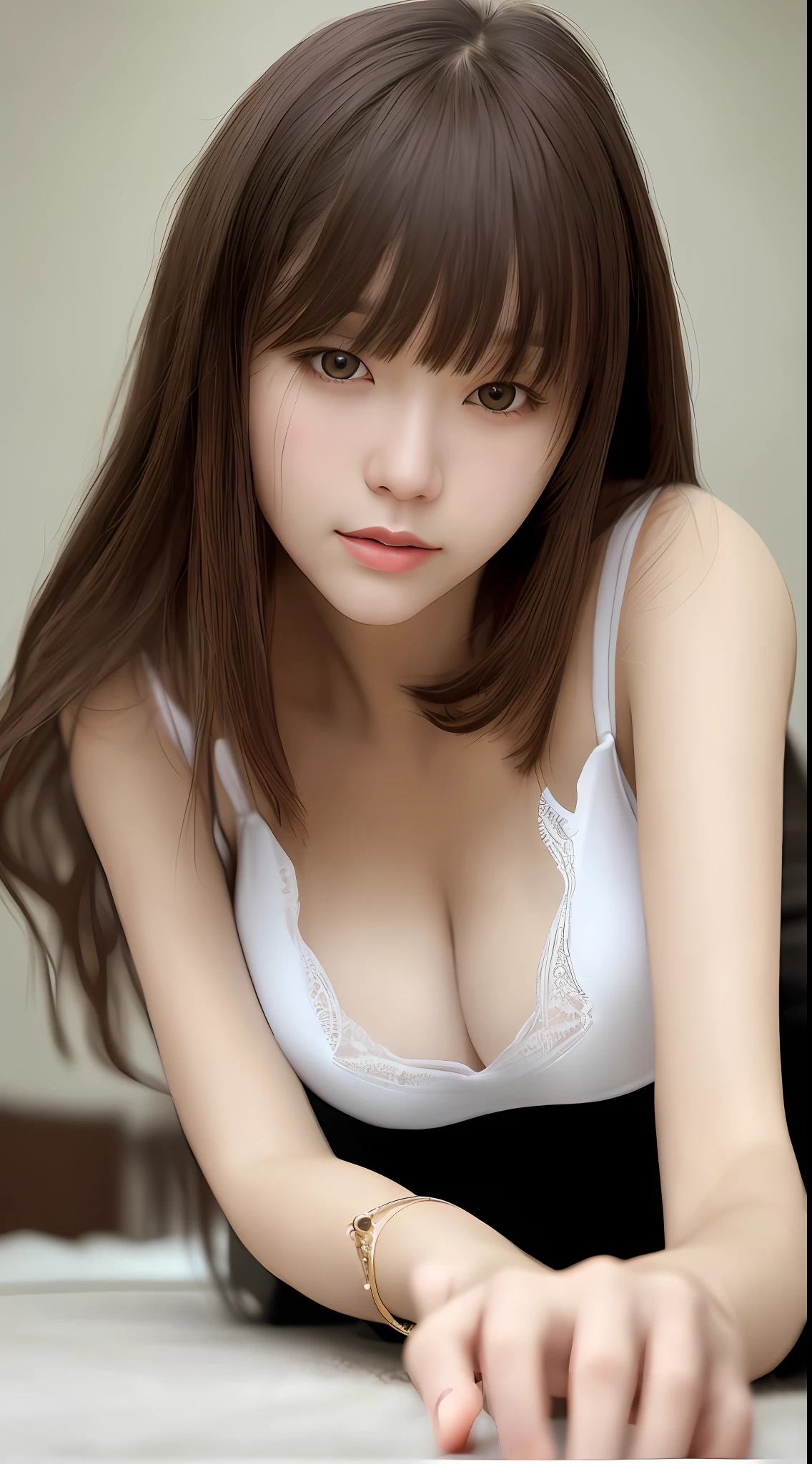 Best quality, super detail, masterpiece, fine detail, high resolution, portrait, 8k wallpaper, realistic details, clothing details, skin details, detailed eyes, photoshop \ (medium), slim body, 1 girl, Japan people, 30 years old, beautiful eyes, bare skin, well-formed face, bangs, blunt bangs, huge, (pleasant look), mouth open, close-up, white skin, long hair, brown hair, bra, Bedroom, on all fours, hard breasts, cleavage visible