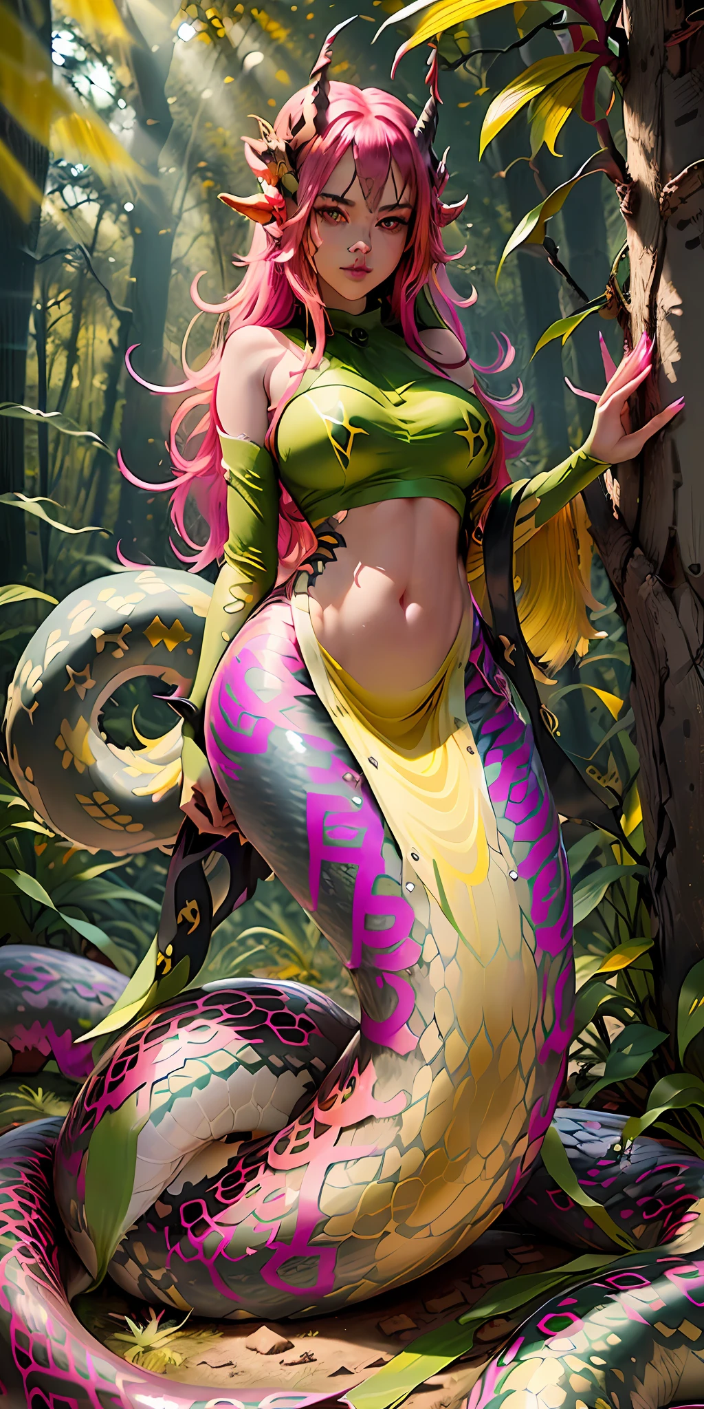 full body,detailed snake skin, (Adult), solo focus, (lamia), stoic, monster girl, red horns, wide hips, beautiful eyes, beautiful background, abandoned cabin, forest, light particles, sun rays, dramatic lighting, outside, grass, leaves, shiny (yellow, fuchsia, green gradient:1.5), realistic, masterpiece, best quality, ultra-detailed, detailed, scenery, beautiful detailed eyes, detailed hair,