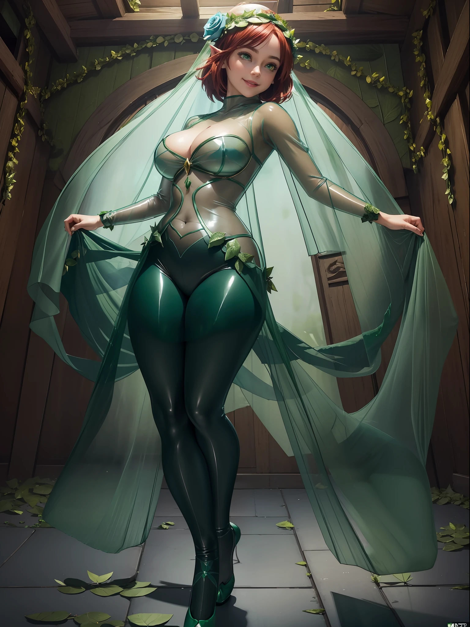 (Full body photo:1.5), Princess Zelda/Mystic Fairy, (Big breasts:1.7), She has fairy wings on her back, (extremely beautiful/transparent:1.5), Wearing clothes, (made of green/leaf-textured leaves:1.7), (wearing wreath of blue roses on her head:1.5), (Looking at the viewer/smiling:1.3), She is inside a wooden house in front of a fireplace,  She has, (short red hair:1.3), (dark green eyes:1.3), her costume is, (extremely tight/extremely transparent:1.5), She is, (doing sexy standing poses: 1.2), Mortal Kombat, anime, 16k, UHD, masterpiece, best quality, textured skin, award winning, high details, highres, anatomically correct, masterpiece, best quality, textured skin, award winning, high details, highres, anatomically correct