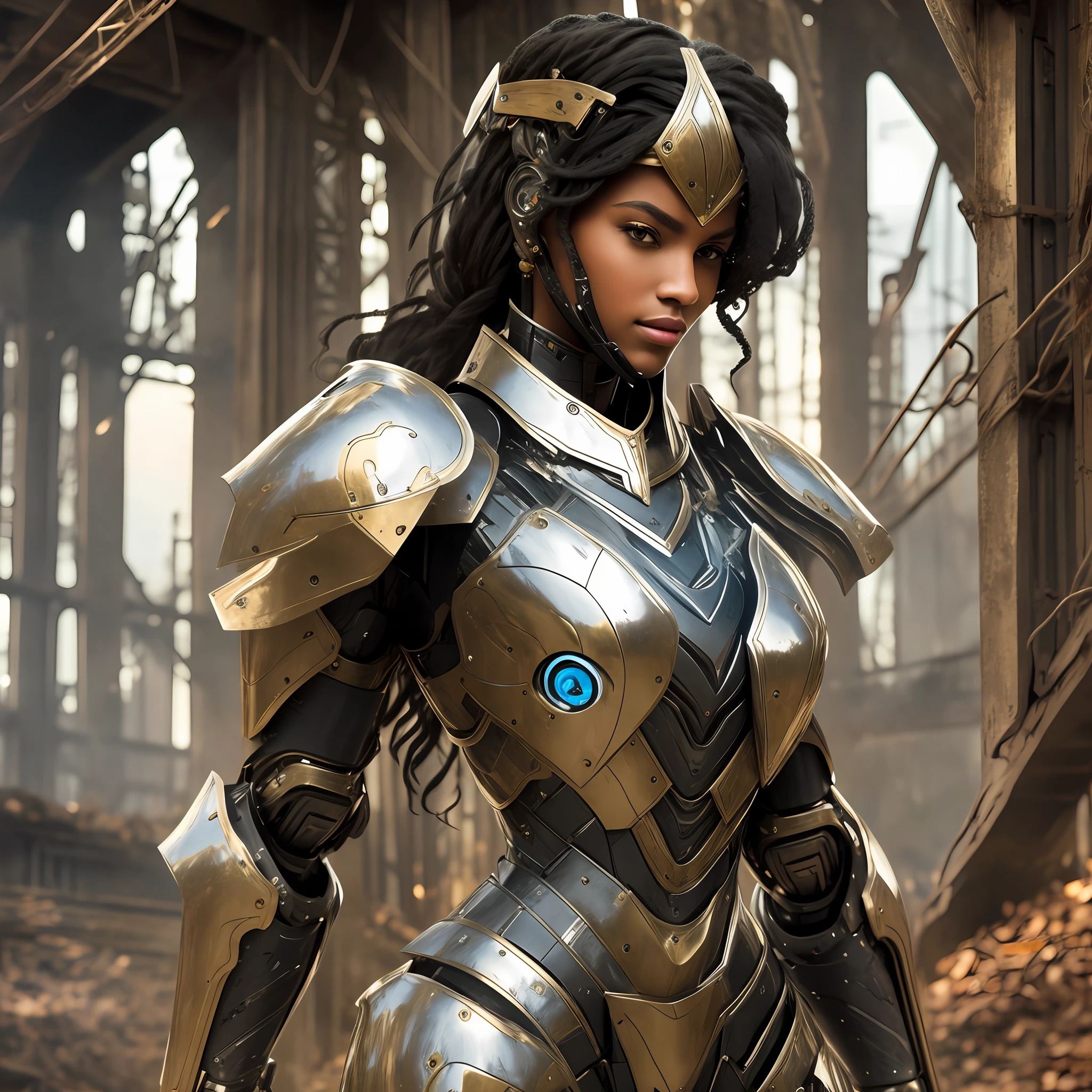 Beautiful tall woman with robotic armor with super realistic and well detailed black hair