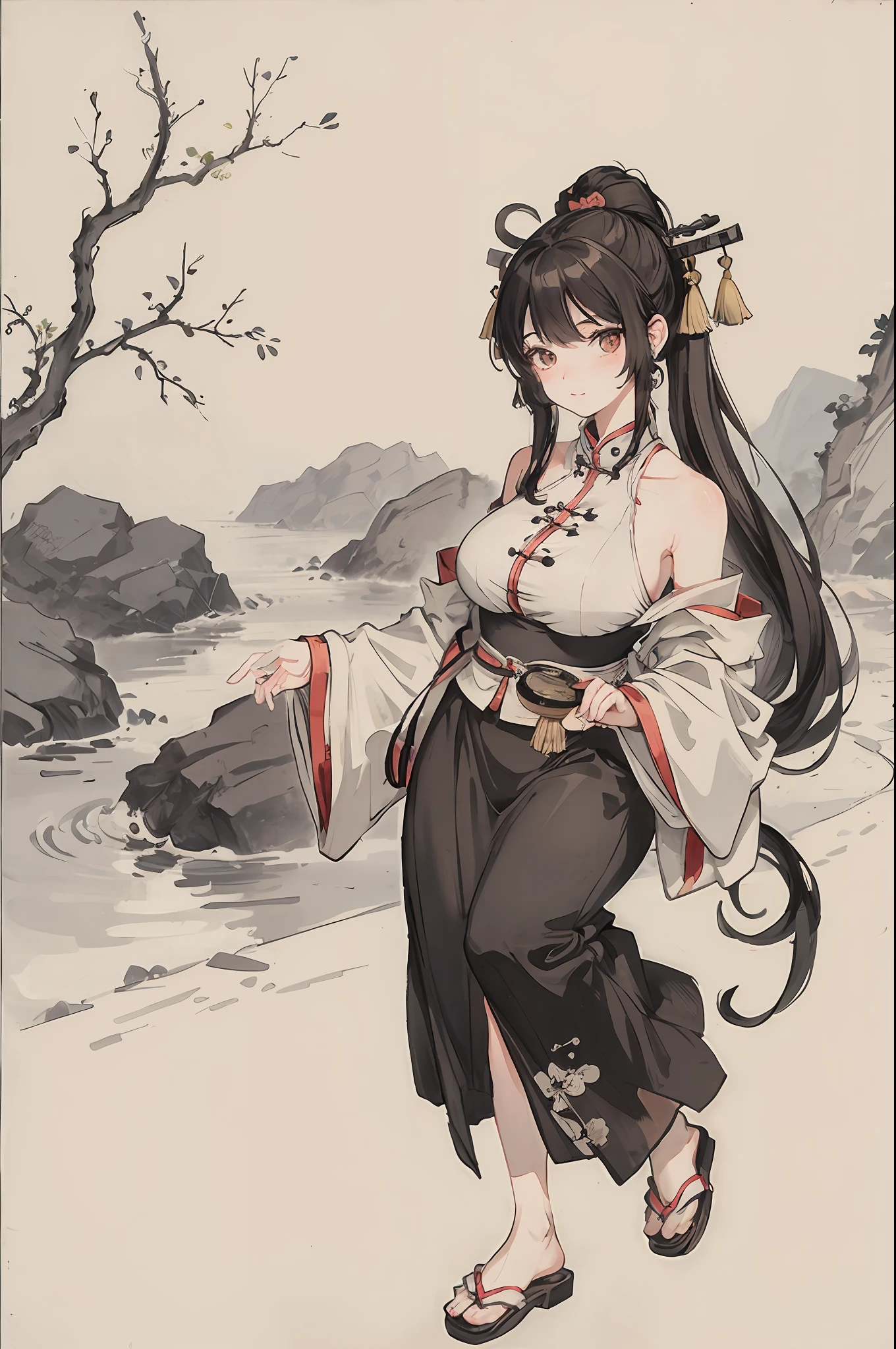 (masterpiece, best quality: 1.2), traditional Chinese ink painting, A cute 18 year old female with big breasts