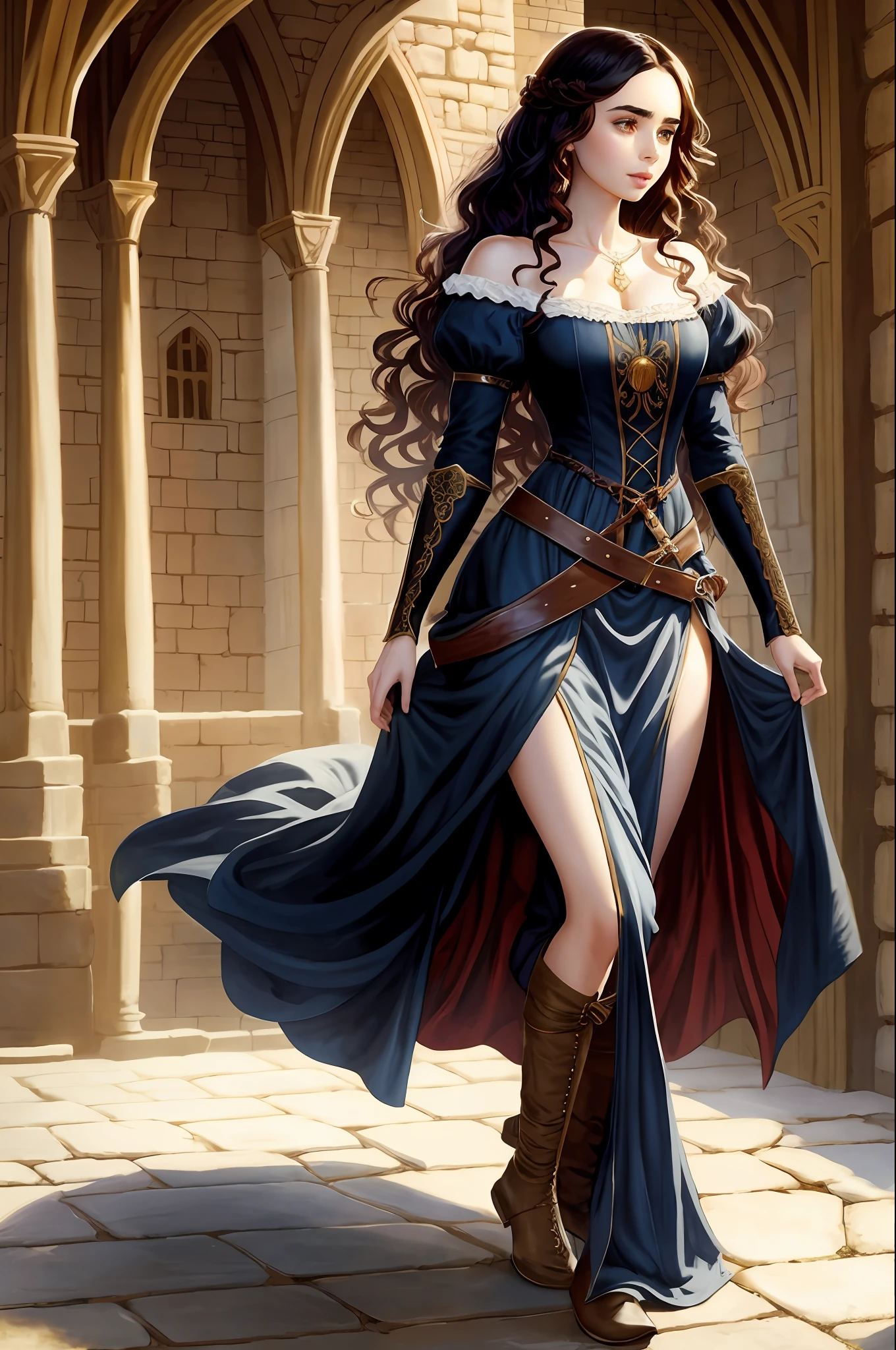 Lily Collins with long black curly hair in a medieval chemise, plebeian medieval clothes, the illustration is detailed, smooth and shiny, full body, HD art by Justin Gerard