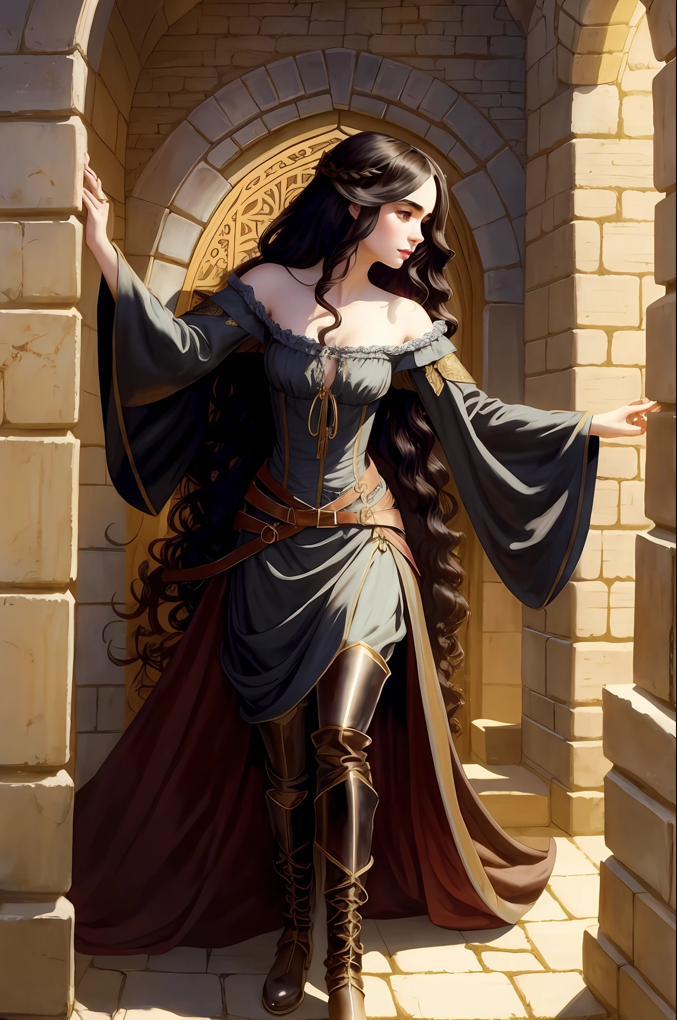Lily Collins with long black curly hair in a medieval chemise, plebeian medieval clothes, the illustration is detailed, smooth and shiny, full body, HD art by Justin Gerard