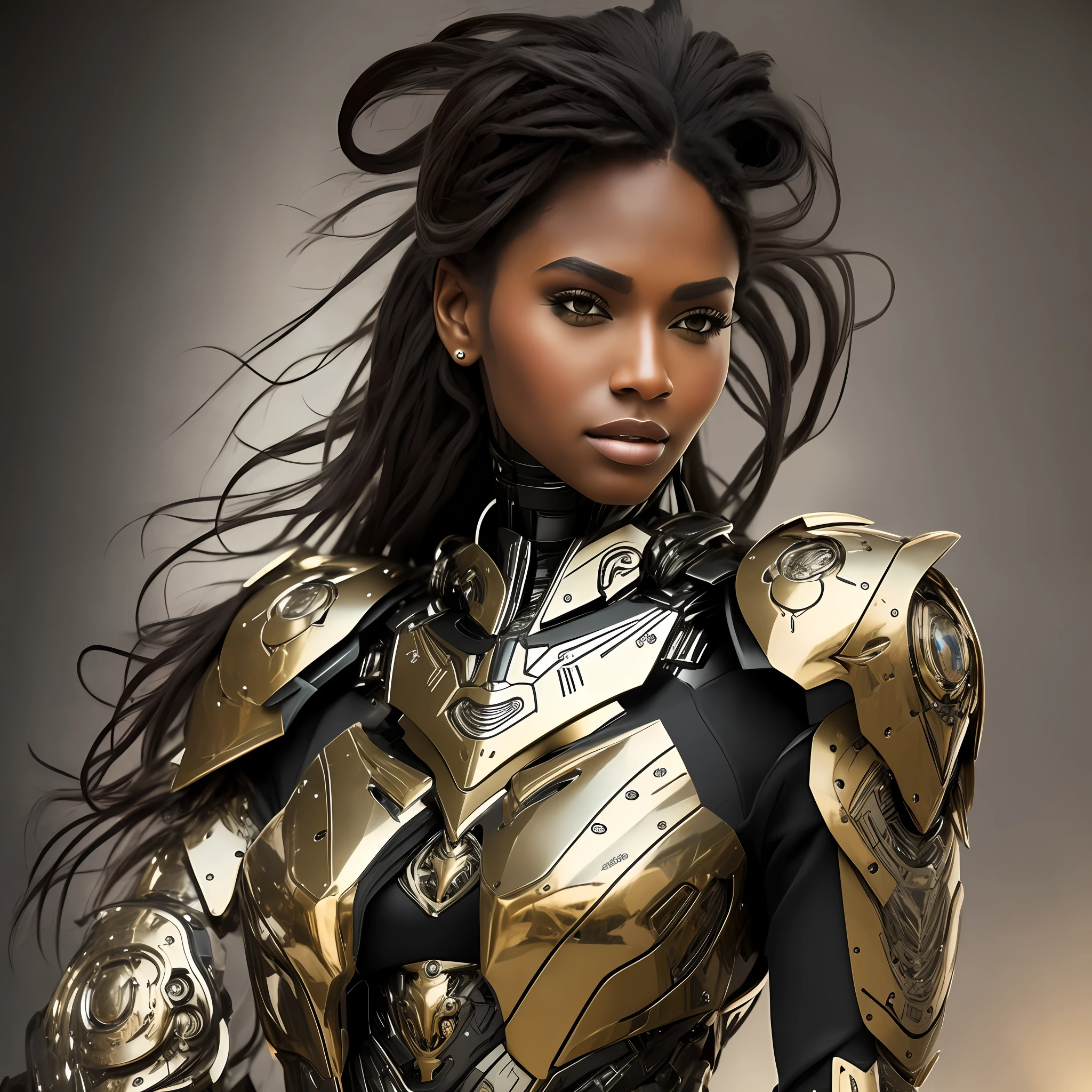 Beautiful tall woman with robotic armor with super realistic and well detailed black hair