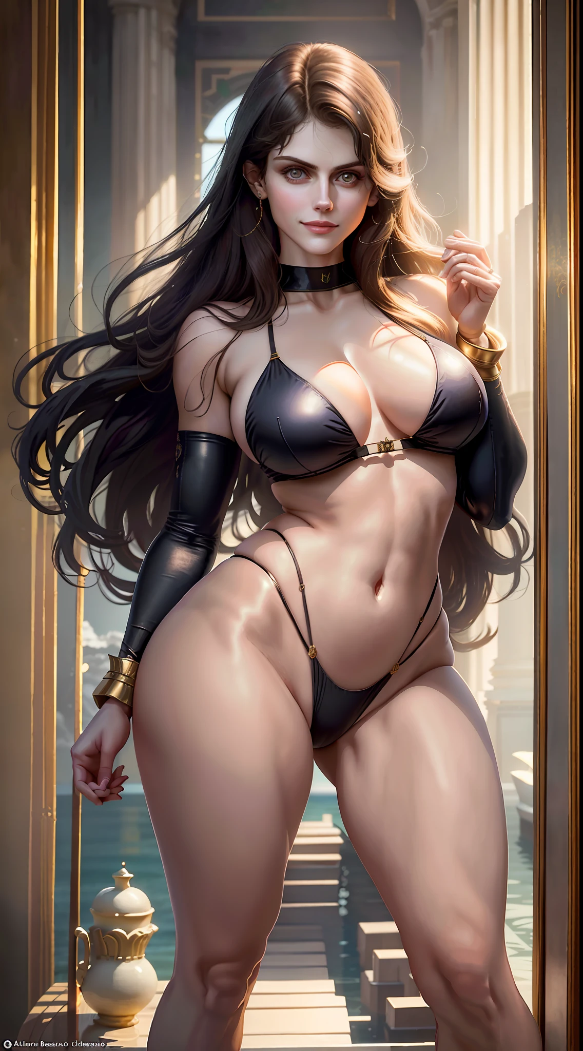 perfection, masterpiece, high resolution, 8k, Alexandra Daddario, alone, (backwards), seductive smile, full body, wide hips, thick thighs, detailed face, detailed eyes, silky pellet, wearing micro bikini, (perfect face), (perfect details), (open legs)