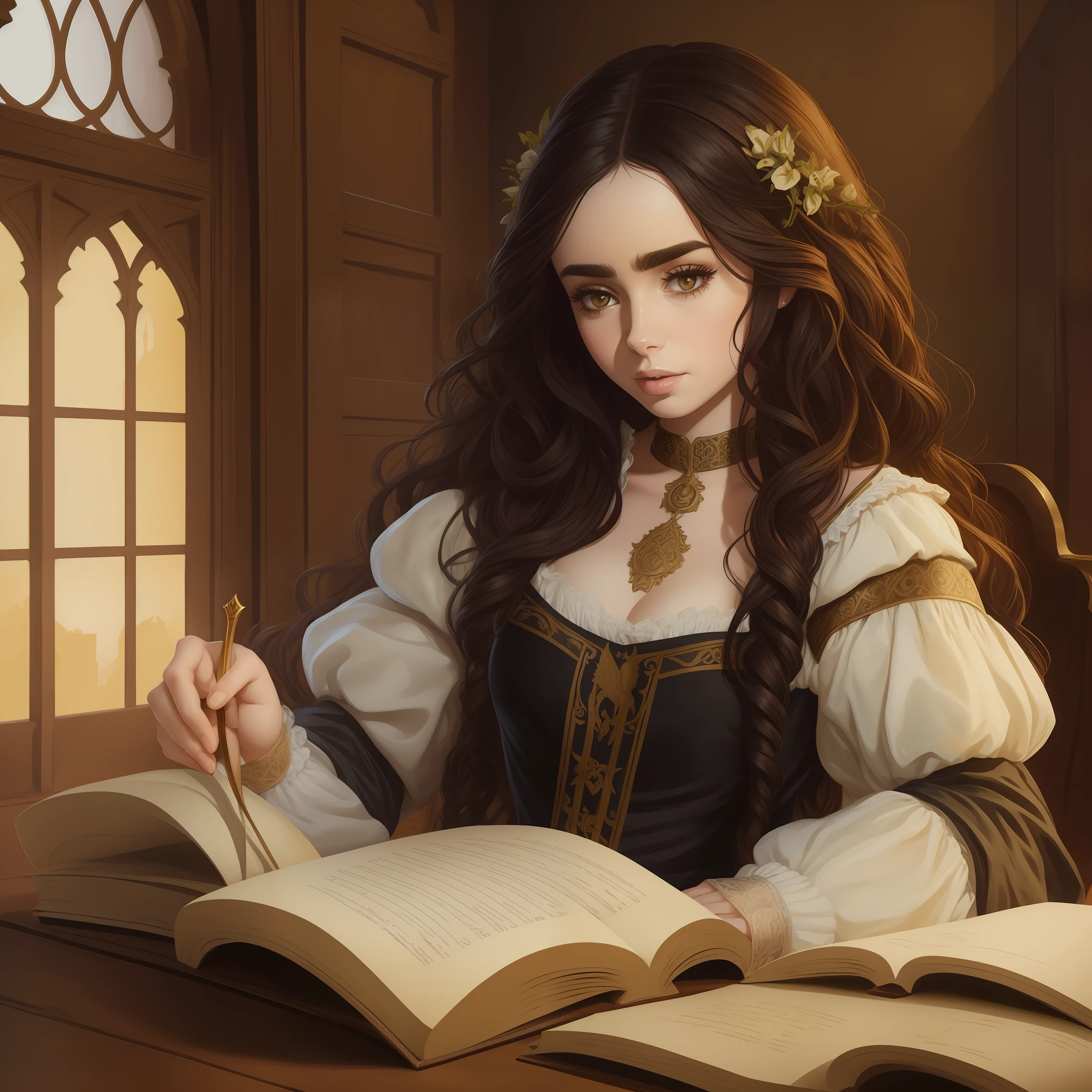 Lily Collins with long black curly hair in a medieval chemise, plebeian medieval clothes, the illustration is detailed, smooth and bright, HD art by Justin Gerard