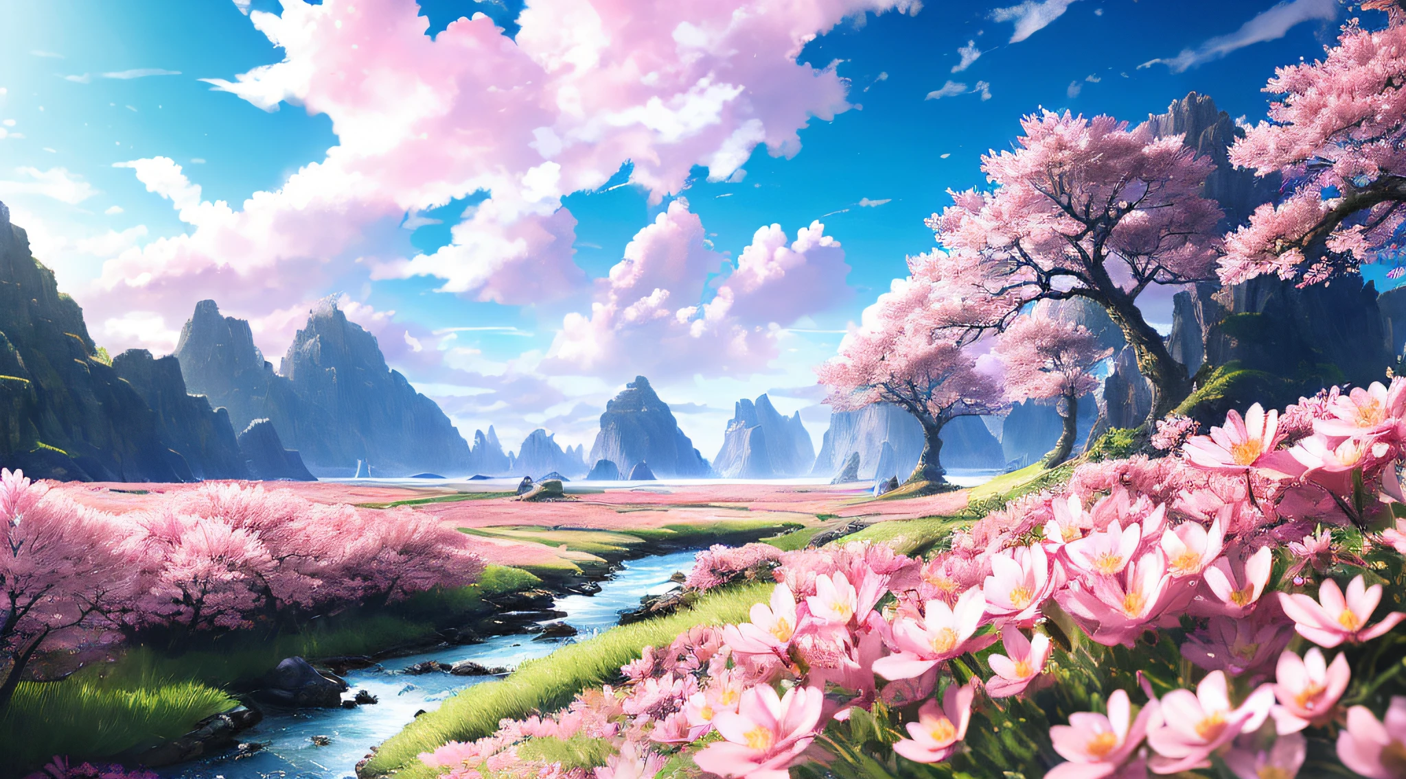 (xenoblade:1.3), complex, highly detailed, artstation, smooth, sharp, focus, (complex:1.1), (high detail:1.1), landscape, octane rendering, smooth, sharp focus, 35mm, (Analog Style:1.0) , (photorealistic:1.3), (clouds:1.1), (dawn:1.1), (pink flowers:1.2) , sakura, stream, (night:1.2), high resolution, 32k