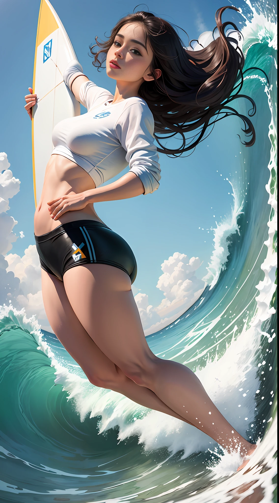 masterpiece, detailed, high quality, absurdres,
yareli, 1girl, solo, faceless, dynamic pose, surfing on fishes, sunny,