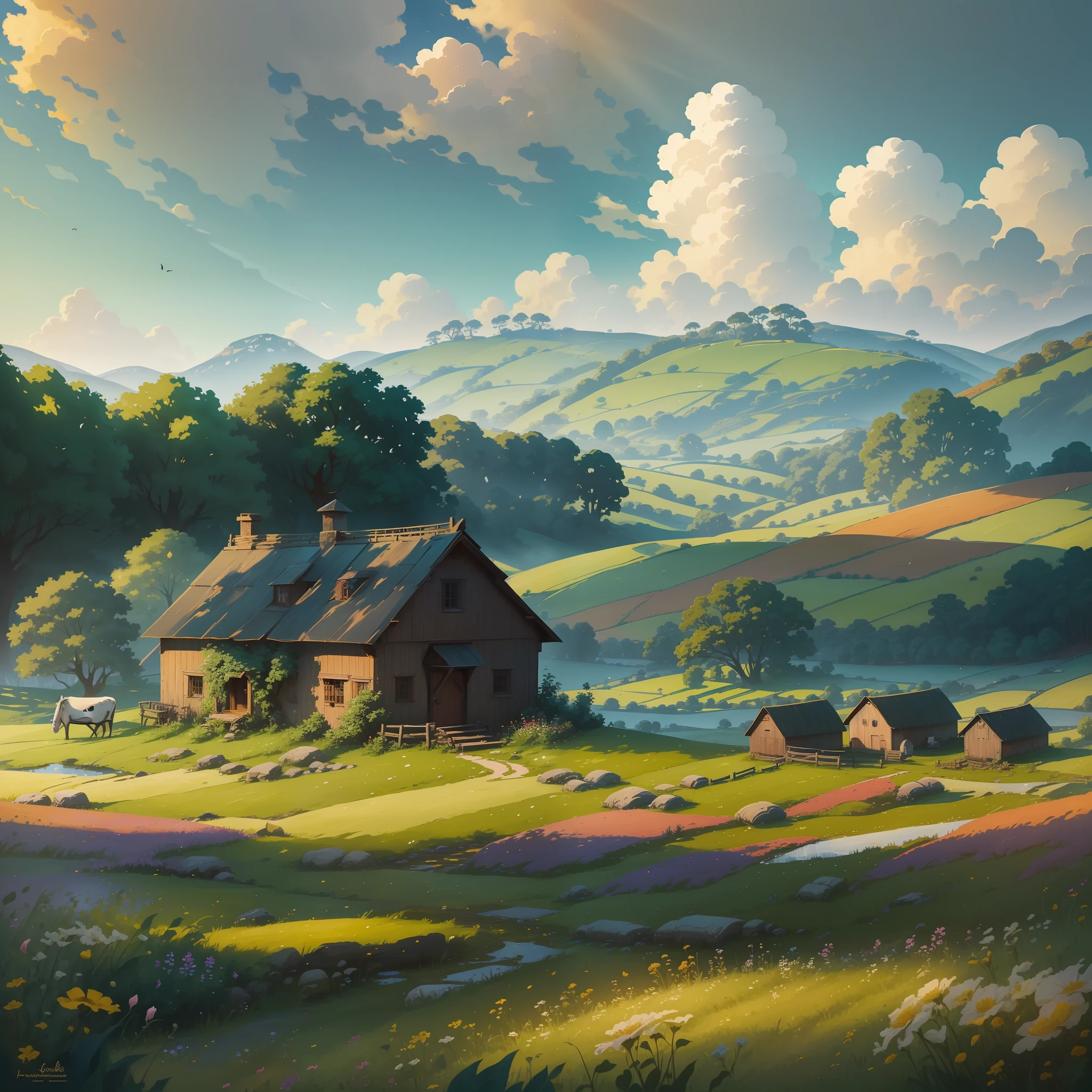 In this idyllic scene, the viewer is transported to a serene and picturesque farm. The image showcases the simplicity and beauty of rural life. The golden rays of the setting sun bathe the landscape in a warm, amber glow. Rolling green pastures stretch out as far as the eye can see, dotted with contented cows peacefully grazing on the lush grass. A gentle breeze rustles through the leaves of towering oak trees, offering a soothing soundtrack to this tranquil setting. A rustic farmhouse stands proudly in the distance, its weathered wooden walls telling stories of generations past. The air is filled with the pleasant scent of fresh hay and blooming wildflowers. The overall ambiance evokes a sense of peace, harmony, and a deep connection with nature.