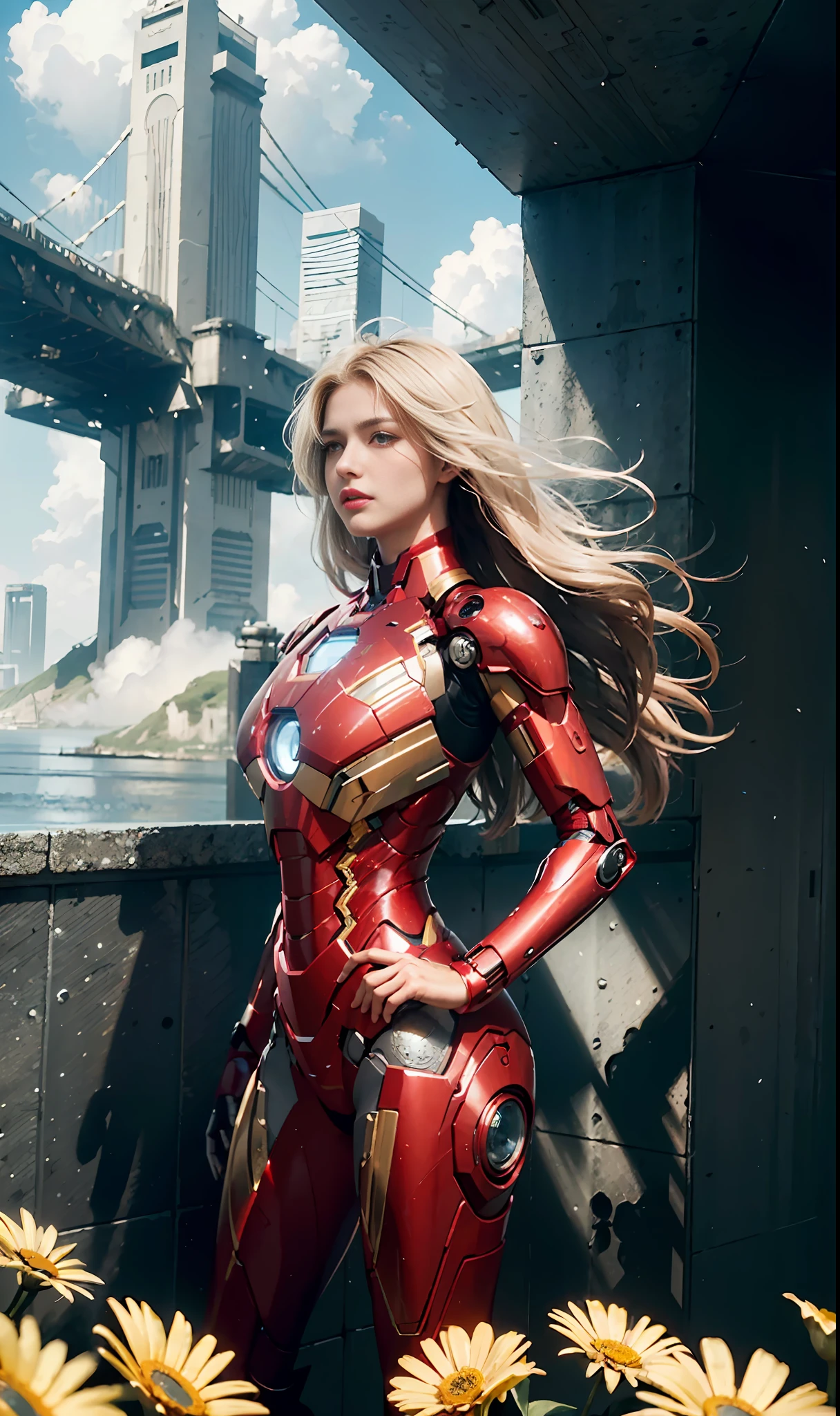RAW, Masterpiece, Super Fine Photo,, Best Quality, Ultra High Resolution, Photorealistic Photorealism, Sunlight, Full Body Portrait, Amazing Beauty,,Dynamic Pose,Delicate Face,Vibrant Eyes,(From the side), She Wears Futuristic Iron Man Mech, Red and Gold Color Scheme, Detailed Face, Detailed Complex Busy Background, Messy, Gorgeous, Milky White, Highly Detailed Skin, Realistic Skin Details, Visible Pores, Sharp Focus, Volumetric Fog, 8K UHD, DSLR, High Quality, Film grain, fair skin, photorealism, lomography, sprawling metropolis in futuristic dystopia, seen from below, translucent, sea of daisy flowers