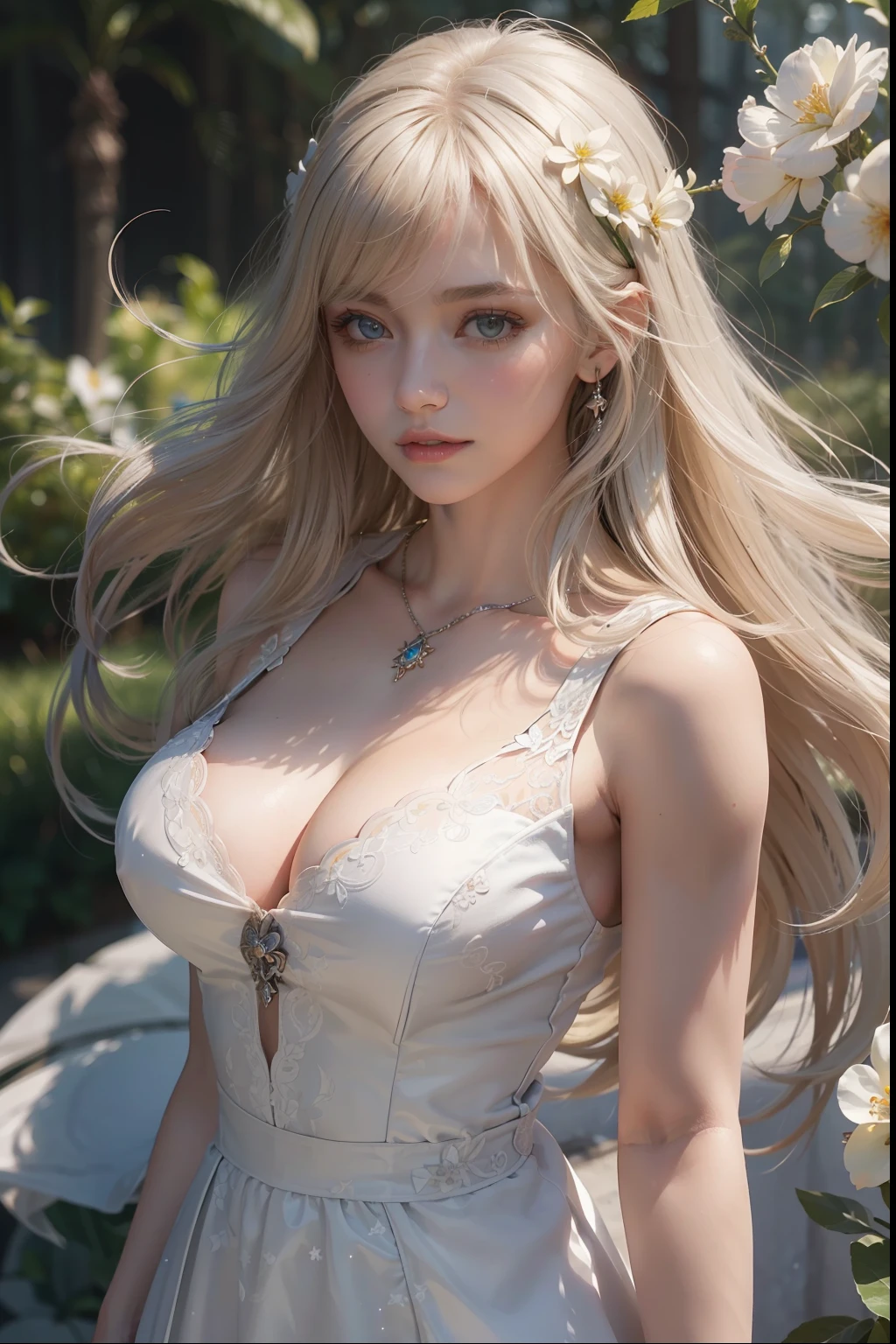((Best Quality:1.2, 8k, photo realistic:1.4, Masterpiece, Ultimate 1Girl, Highly Detailed Facial Textures, detailed beauty makeup: 1.1, realistic skin, detailed eyes, detailed bangs)), (white Fit and flare dress), round face,(floral background), (volumetric lighting, moody lighting), (shining silver and blonde two-tone long hair), ((Beaming)) , (medium breasts),wind, from above
