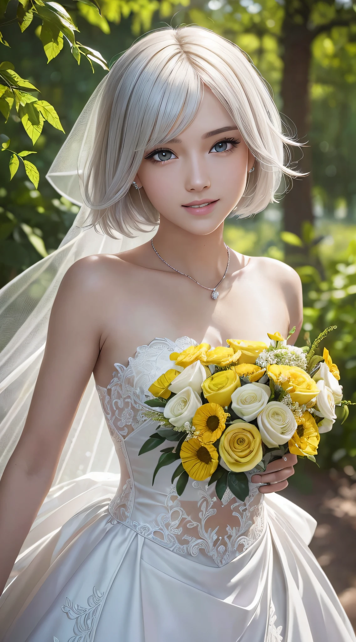 (RAW Photo: 1.2), (Photorealistic: 1.4), (Masterpiece: 1.3), (Best Quality: 1.4), Ultra High Resolution, (Detailed Eye Features), (Detailed Facial Features), (Detailed Clothing Features), HDR, 8k Resolution, Solo Focus, Bangs, Skin Tight, (Glossy Skin), (Slender Beautiful Girl), 18 years old, Check Commentary, Commentary Request, landscape, no letters, bob hair, short hair, white hair, blue eyes, one girl, full body, yellow costume, wedding dress, happy, smile