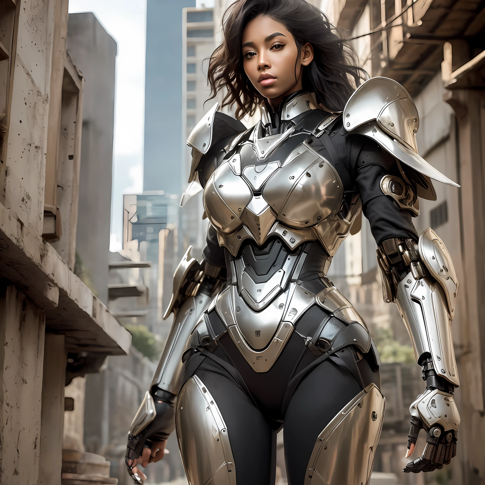 Beautiful tall woman with robotic armor with super realistic and well detailed black hair