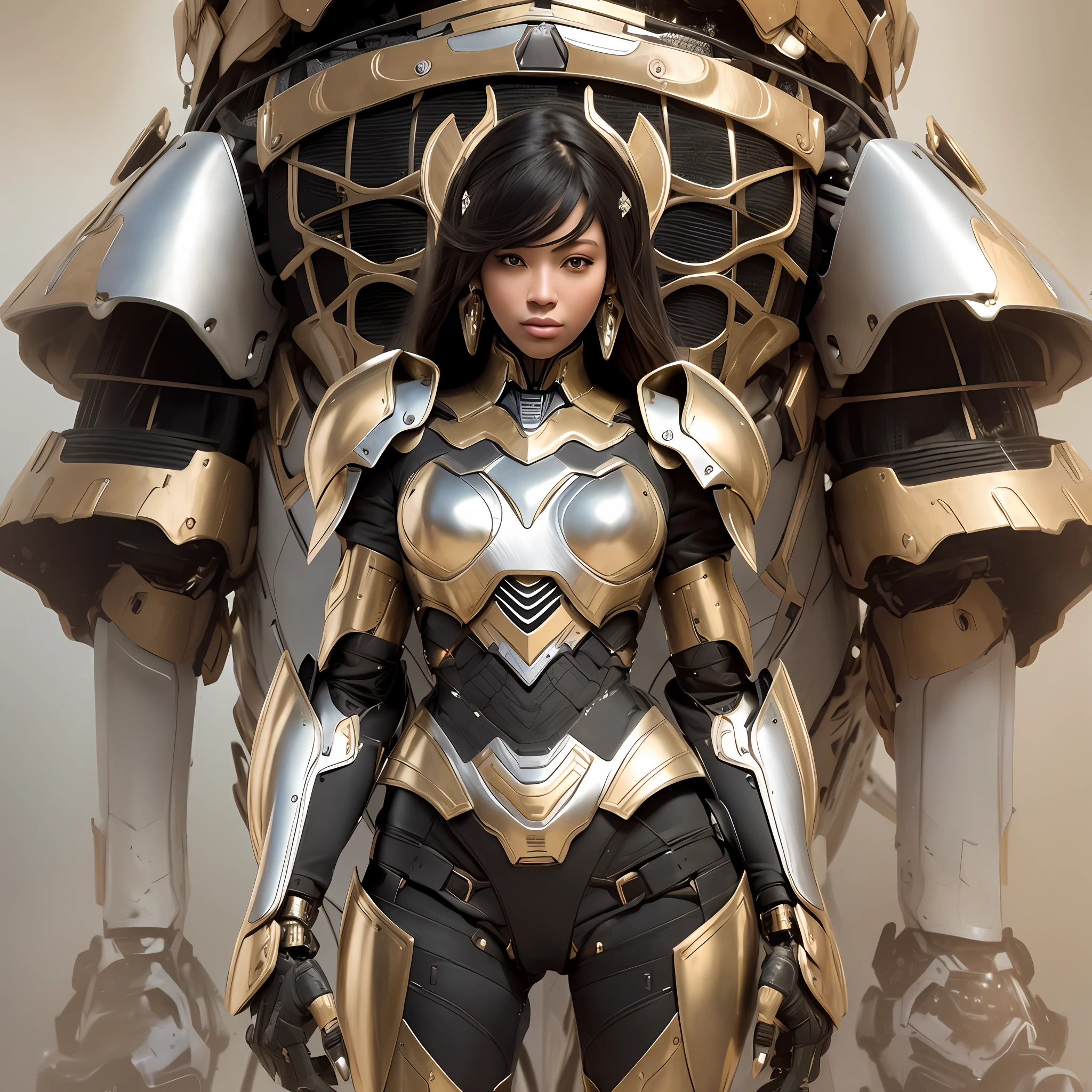 Beautiful tall woman with robotic armor with super realistic and well detailed black hair