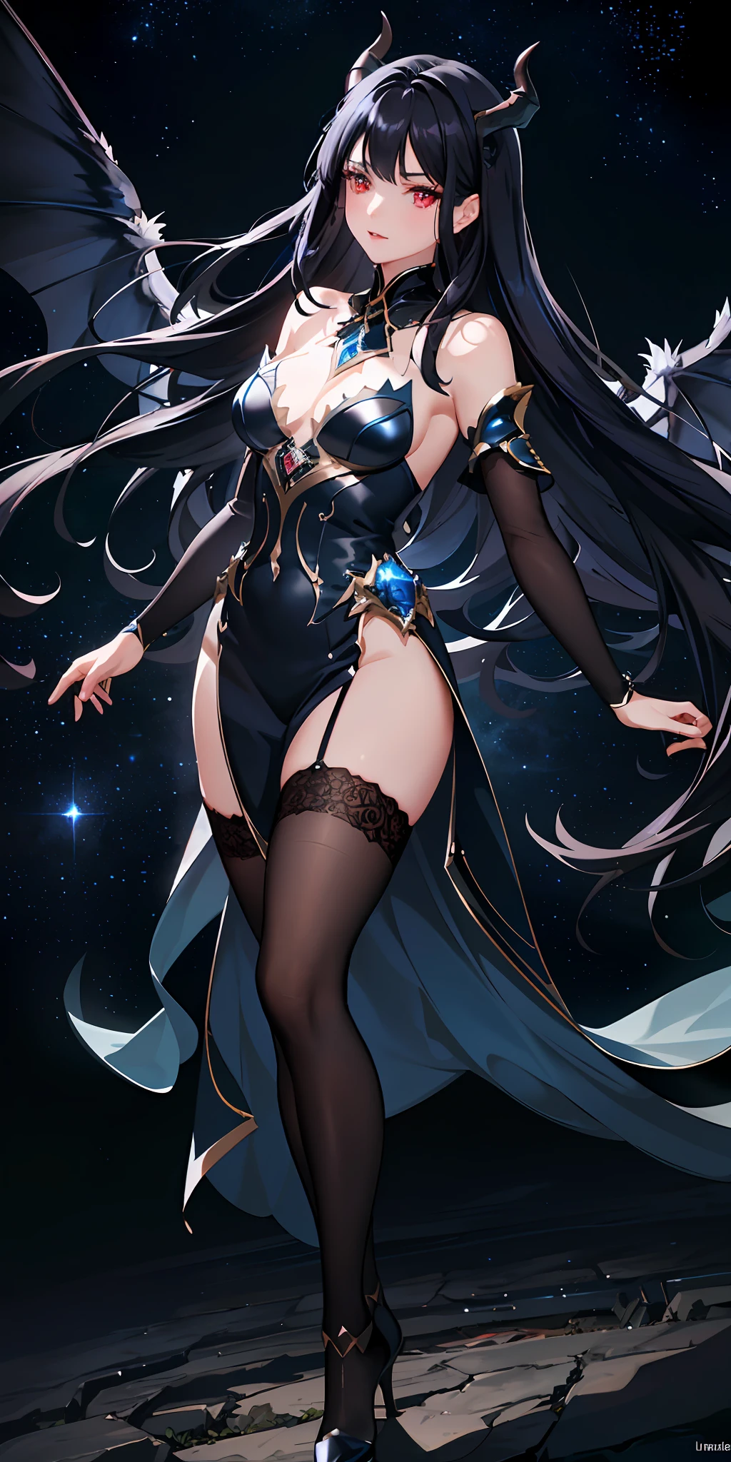 delicate and beautiful CG artwork),(best quality, ultra-detailed, high resolution),(dynamic angle, dynamic lighting),(1 character),(long blue black hair), red eyes, beautiful face),(black transparent stocking),(devil) (long sideburns), (dynamic night sky background) clouds, stars, glitter