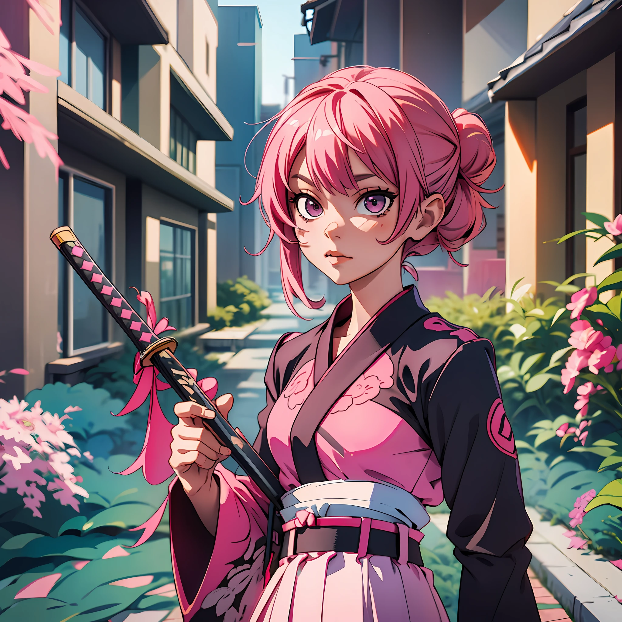 Gasai Yuno, pink hair, Kanao Tsuyuri outfit, katana