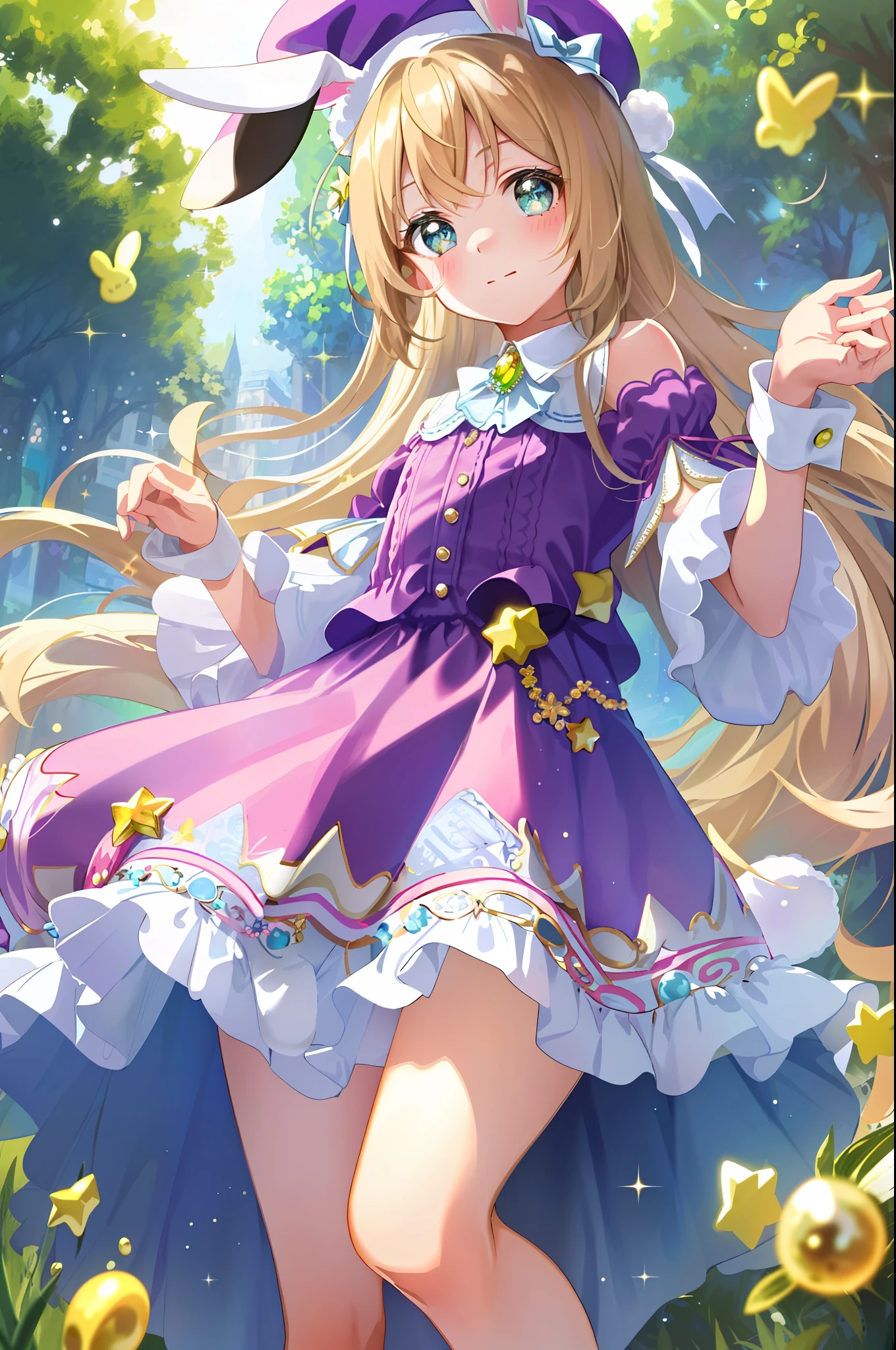 (masterpiece, sidelighting, finely detailed beautiful eyes: 1.2), woman, Pearl encrusted Bunny Ears, girl with bunny ears, wearing a beret hat, pearls, sweet and innocent expression, big eyes, Her bunny ears are soft and fluffy, pastel-colored dress, blouse with a cute skirt. beret hat is a soft and cozy knit, with small pearls sewn onto it, sparkle, light particles, bunny-shaped bubbles, cute and colorful patterns of cute animals and sweets, charming and whimsical vibes, magical ,((best quality)), ((masterpiece)), (extreme detailed, highest detailed, official art, beautiful ,aesthetic),