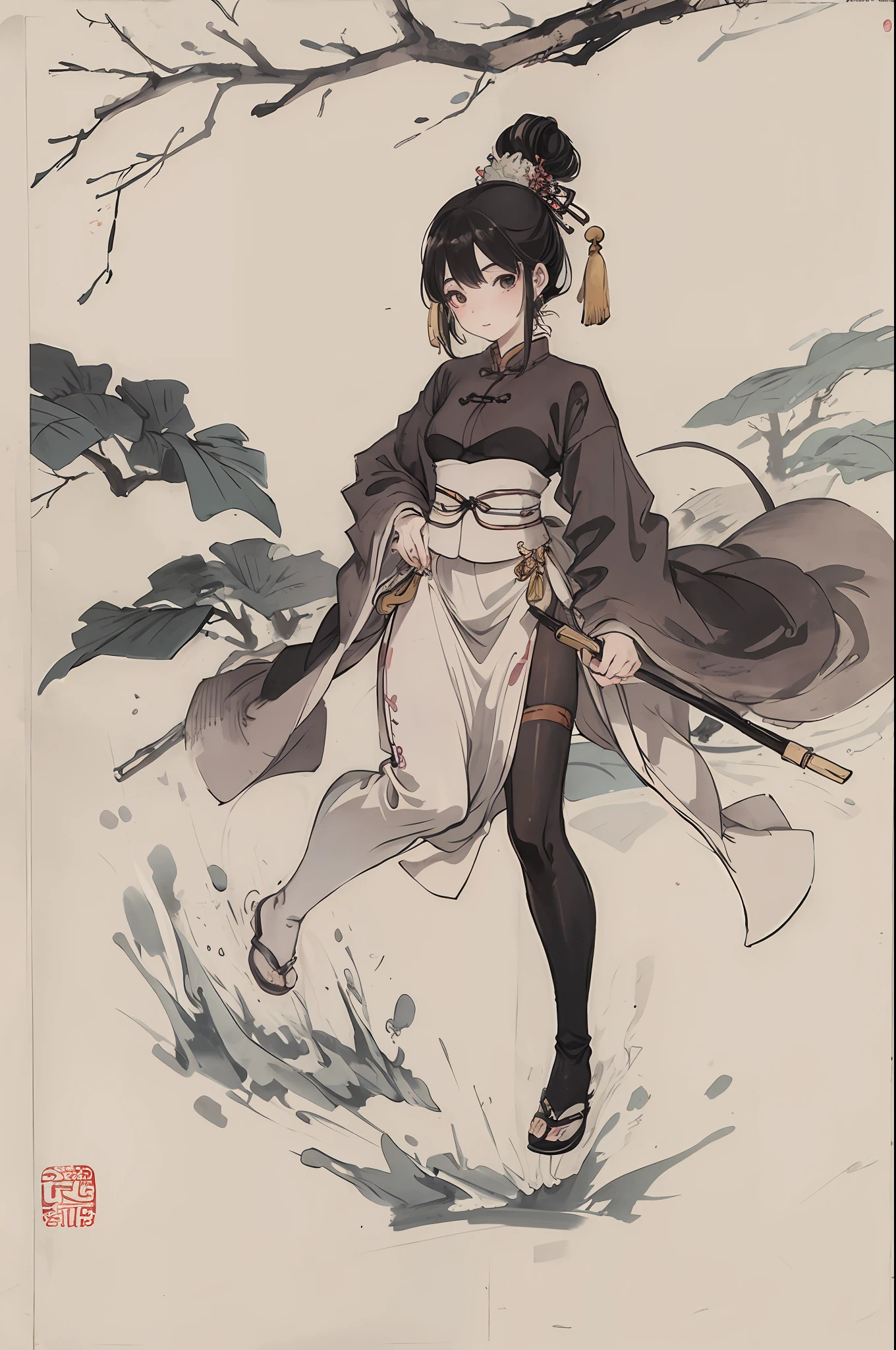 (Masterpiece, best quality: 1.2), traditional Chinese ink painting, a lovely 18-year-old woman with long legs