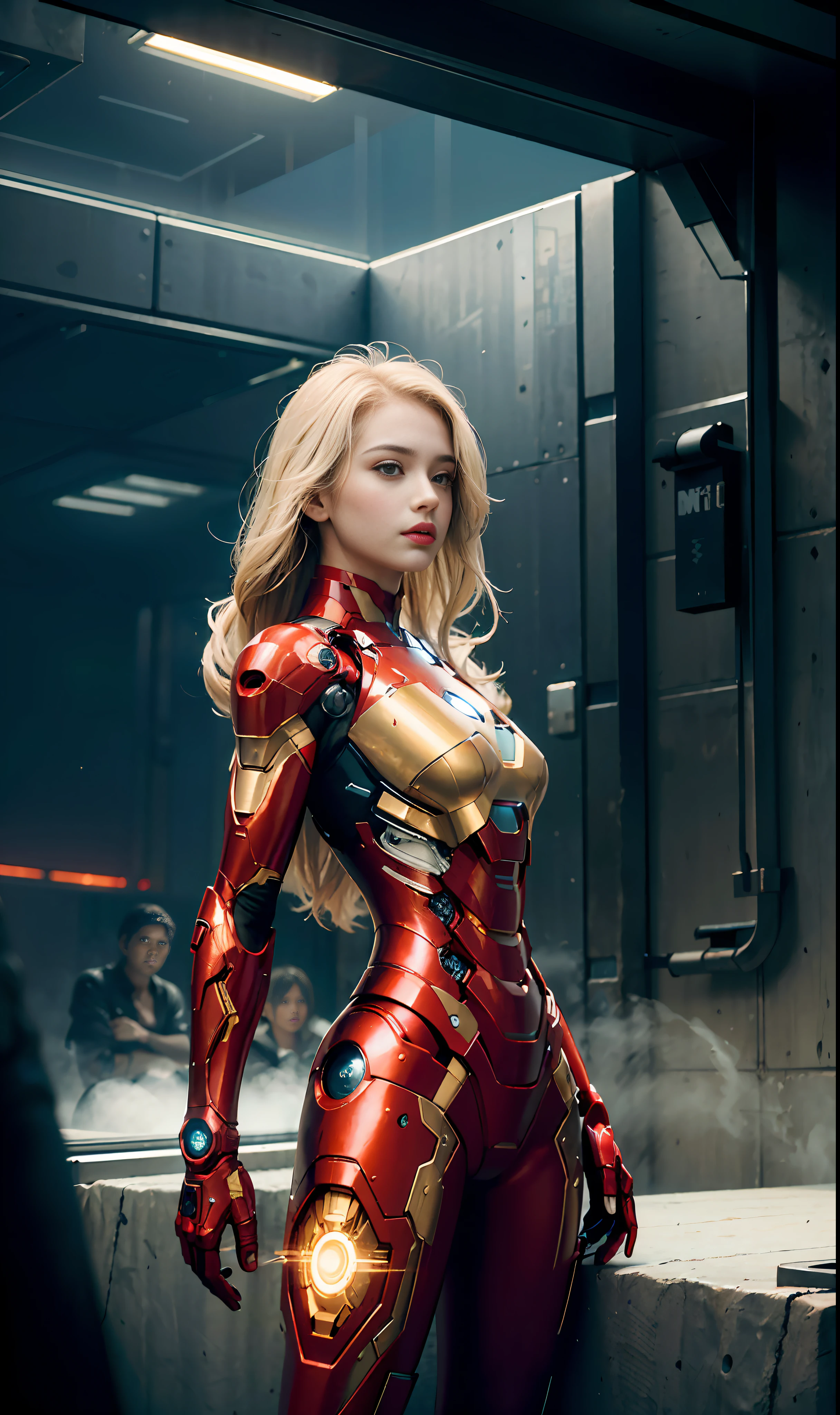 RAW, Masterpiece, Super Fine Photo,, Best Quality, Ultra High Resolution, Photorealistic Photorealism, Sunlight, Full Body Portrait, Amazing Beauty,,Dynamic Pose,Delicate Face,Vibrant Eyes,(From the side), She Wears Futuristic Iron Man Mech, Red and Gold Color Scheme, Detailed Face, Detailed Complex Busy Background, Messy, Gorgeous, Milky White, Highly Detailed Skin, Realistic Skin Details, Visible Pores, Sharp Focus, Volumetric Fog, 8K UHD, DSLR, High Quality, Film grain, fair skin, photorealism, lomography, sprawling metropolis in futuristic dystopia, seen from below, translucent, sea of daisy flowers