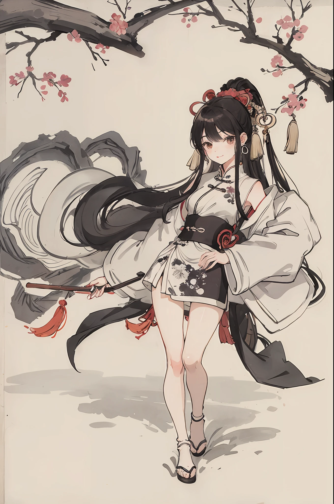 (Masterpiece, best quality: 1.2), traditional Chinese ink painting, a lovely 18-year-old woman with long legs