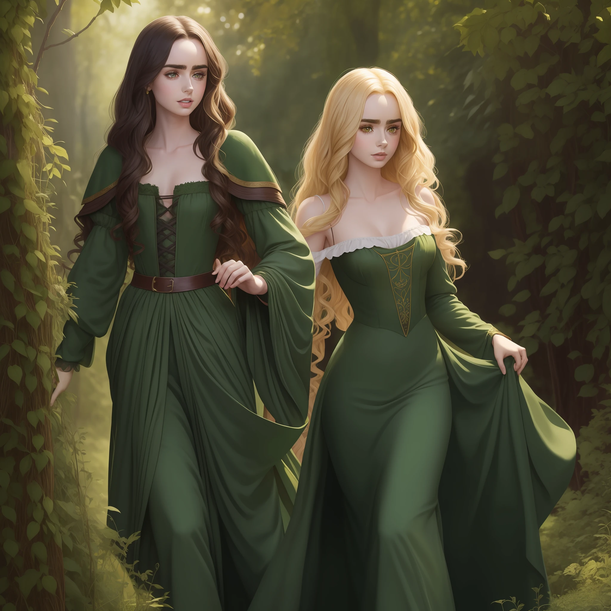 Lily Collins with long black curly hair in a medieval chemise, plebeian medieval clothes and Neels Visser is a prince who has golden blonde hair, wears a moss green medieval military outfit, looking forward with penetrating emerald green gaze, the illustration is detailed, full body, smooth and shiny, HD art by Justin Gerard