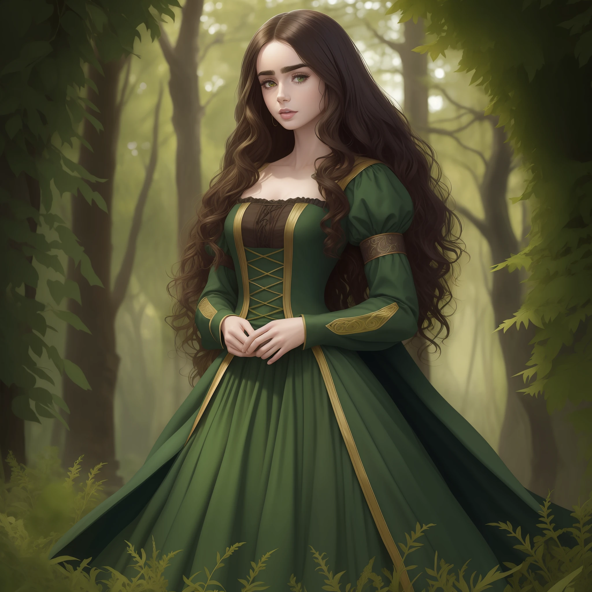 Lily Collins with long black curly hair in a medieval chemise, plebeian medieval clothes and Neels Visser is a prince who has golden blonde hair, wears a moss green medieval military outfit, looking forward with penetrating emerald green gaze, the illustration is detailed, full body, smooth and shiny, HD art by Justin Gerard