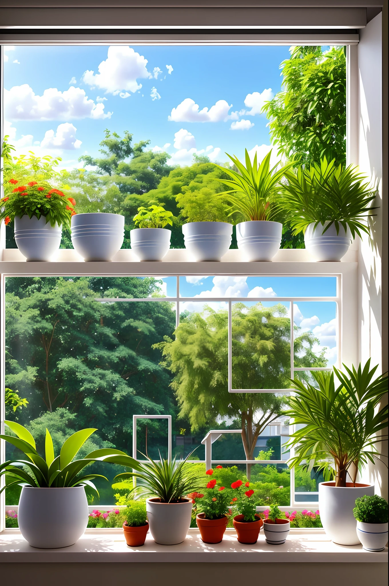 Clay pots, orchid pots, blue sky and white clouds, by the window, sunlight coming in, white curtains floating, lots of details, high quality, 8k