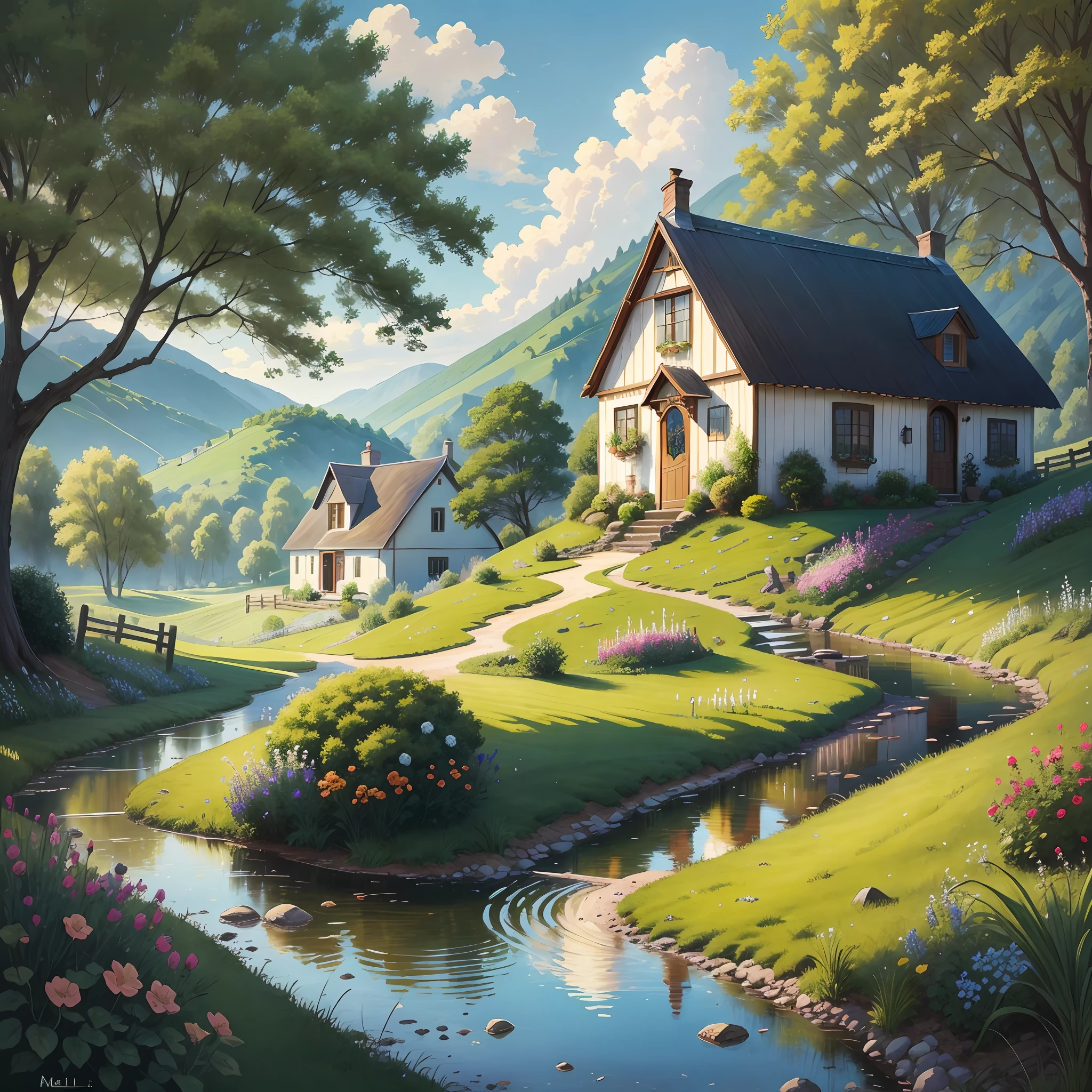 (pintura digital:0.4), (melhor qualidade:1.4), Behold the picturesque charm of a countryside landscape, where quaint little houses dot the rolling hills and meandering streams, painting a serene and idyllic scene of rural beauty. (Tranquil, scenic ambiance)