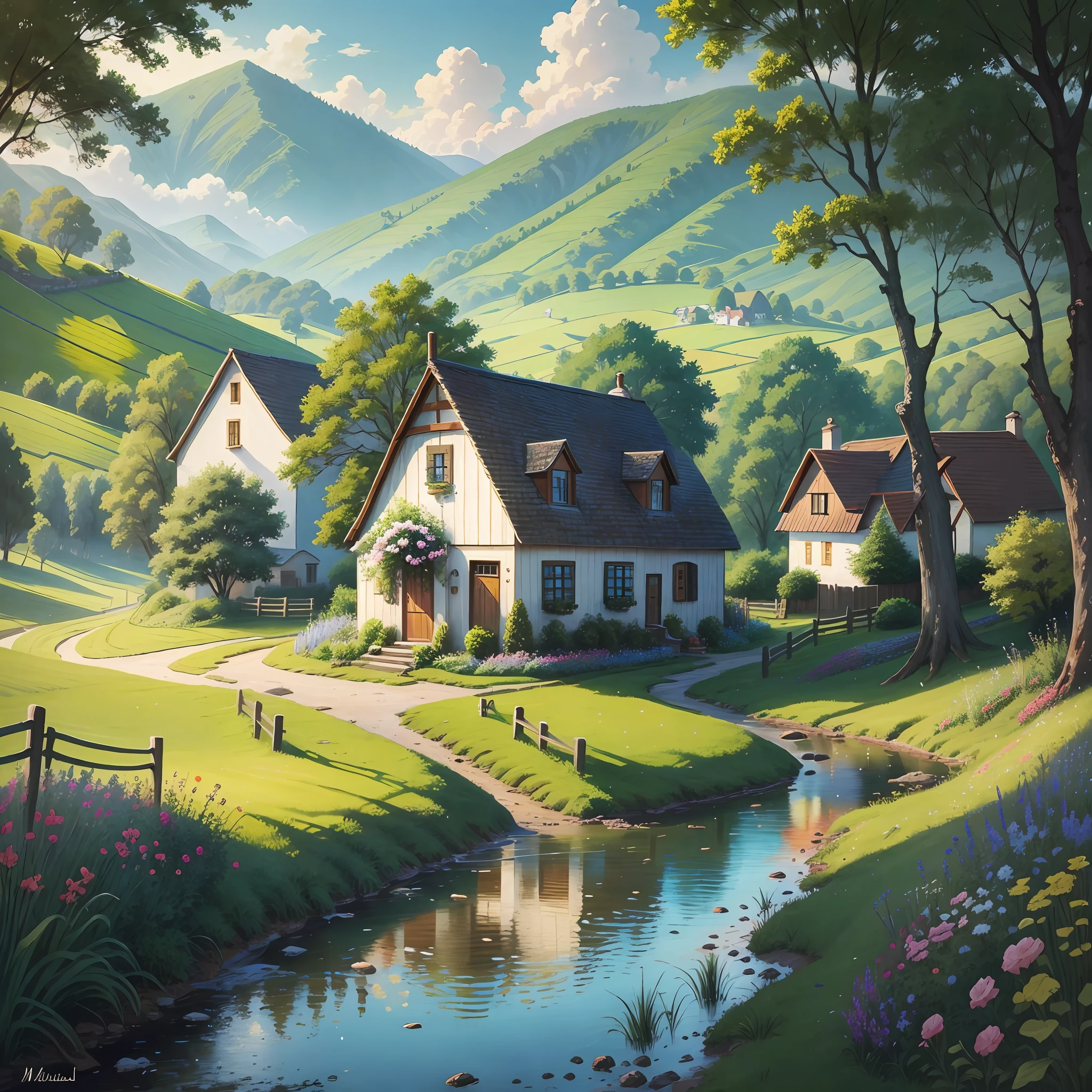 (pintura digital:0.4), (melhor qualidade:1.4), Behold the picturesque charm of a countryside landscape, where quaint little houses dot the rolling hills and meandering streams, painting a serene and idyllic scene of rural beauty. (Tranquil, scenic ambiance)