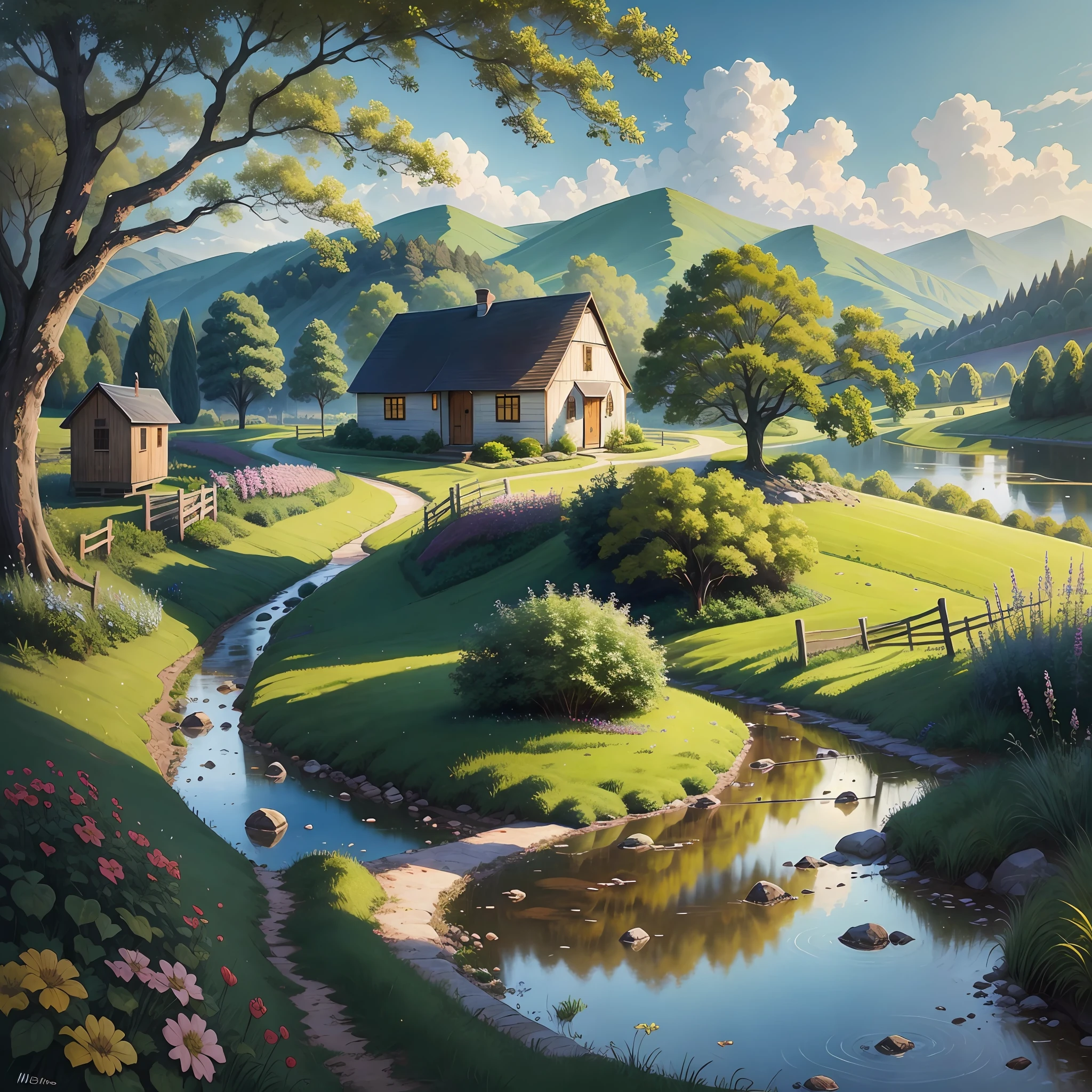 (pintura digital:0.4), (melhor qualidade:1.4), Behold the picturesque charm of a countryside landscape, where quaint little houses dot the rolling hills and meandering streams, painting a serene and idyllic scene of rural beauty. (Tranquil, scenic ambiance)
